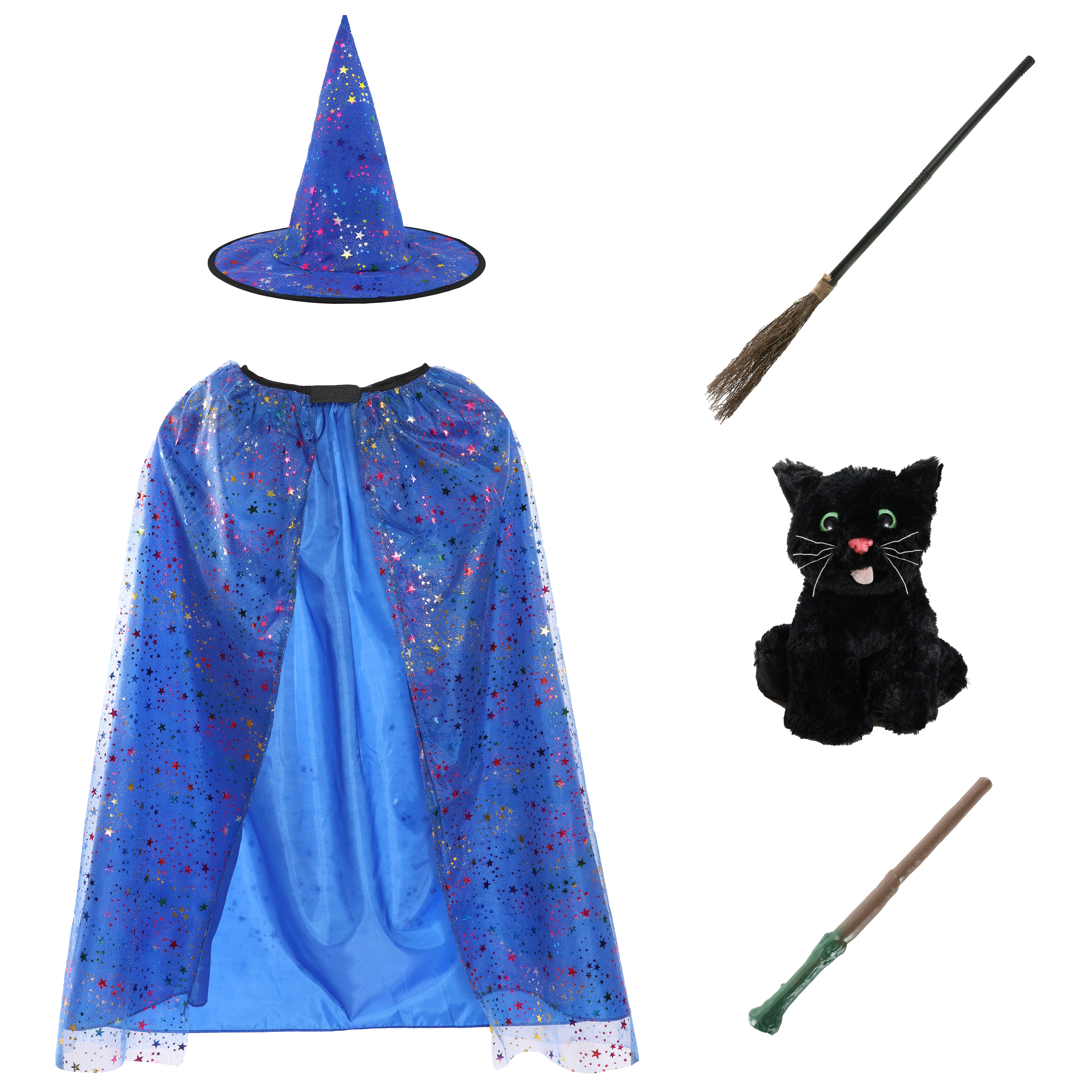 Girls Blue Witch Costume Set - Black Cat, Wand & Broom