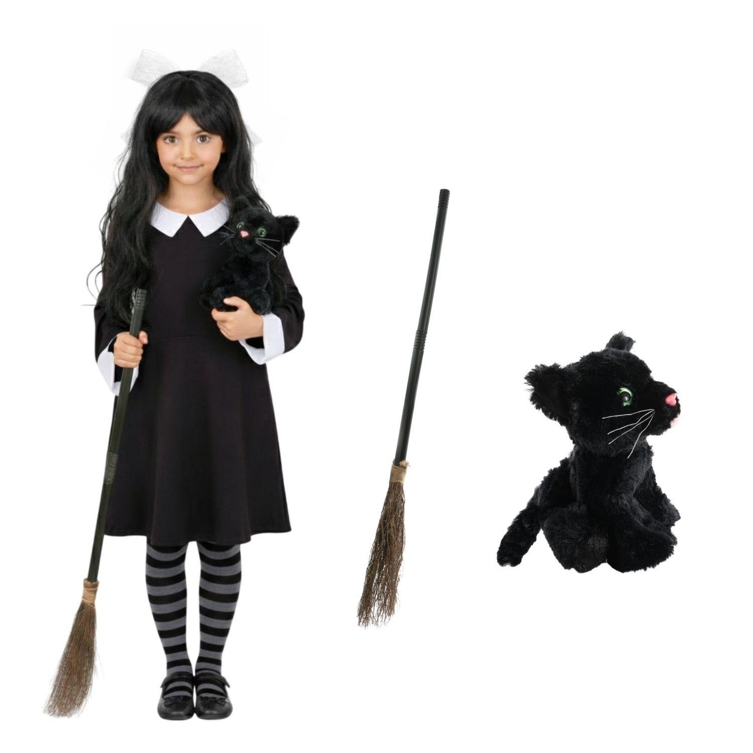 Girls Hooky Witch Costume | 3 Pcs | Collared Dress, Broom & Cat Toy