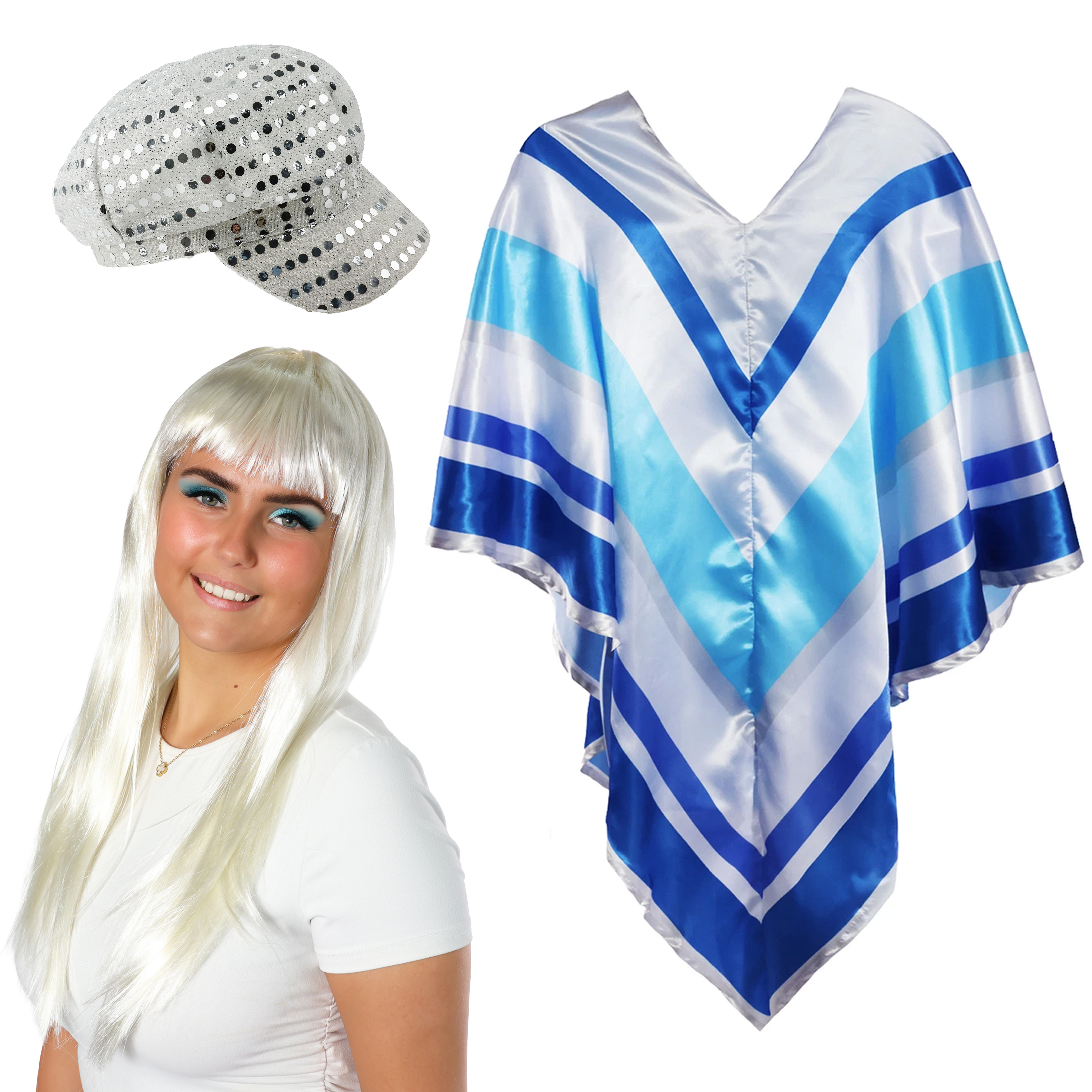 Adults 70's Poncho Costume | 3 Pcs | Poncho, Silver Sequin Hat & Long Blonde Wig