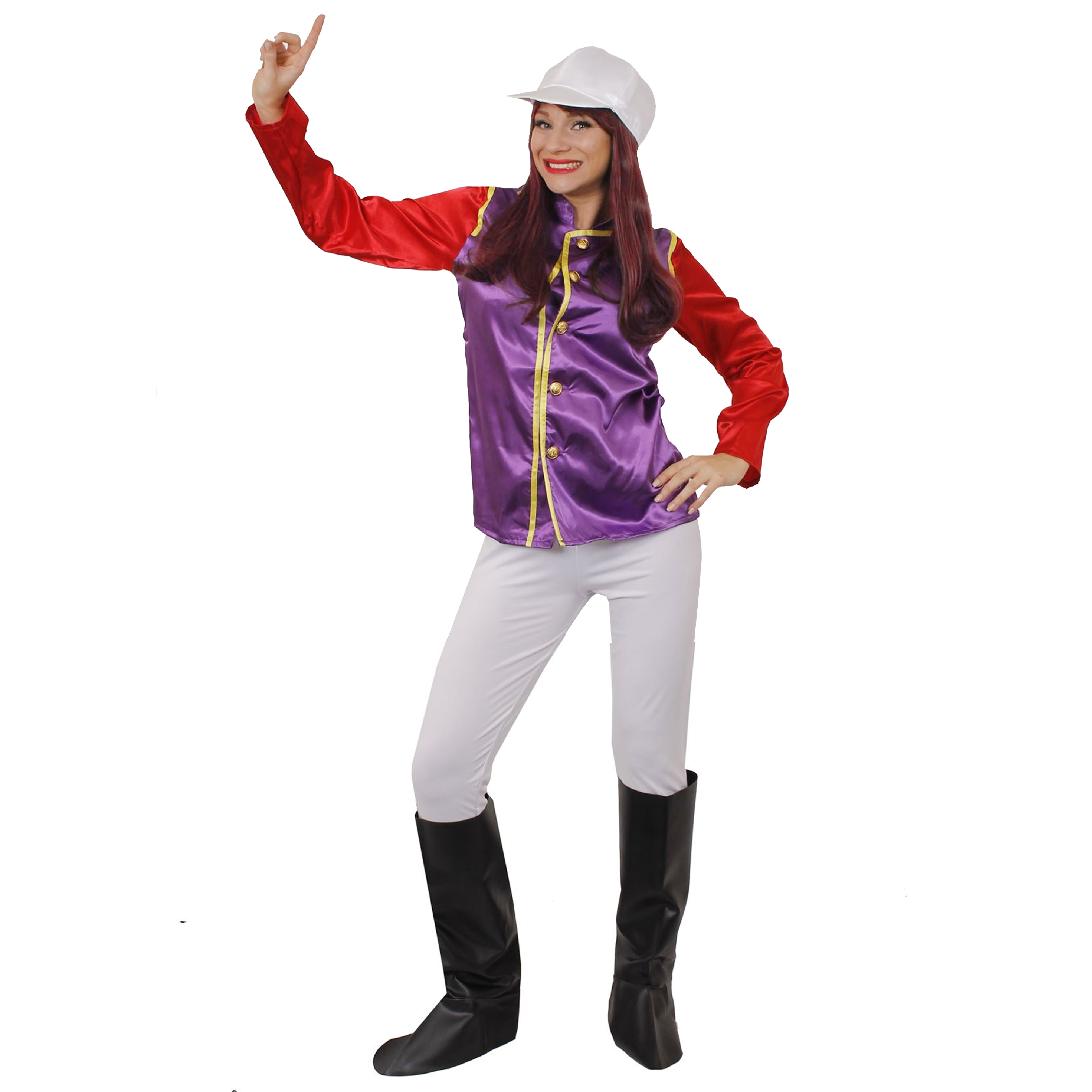 Woman's Purple & Red Jockey Costume - with White Trousers, Boot Covers & Red Wig (Without Goggles)
