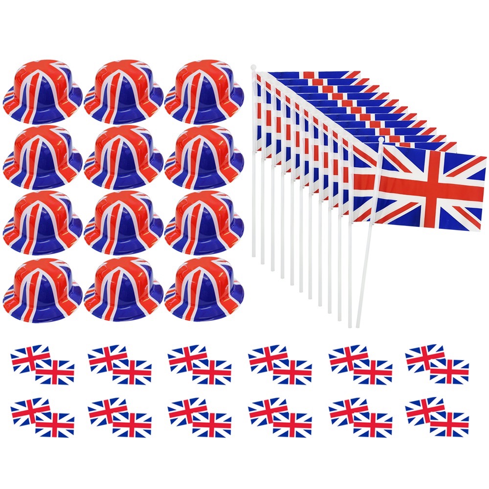 12 Union Jack Bowler Hats, 12 Hand Waving Flags & 24 Temporary Tattoos