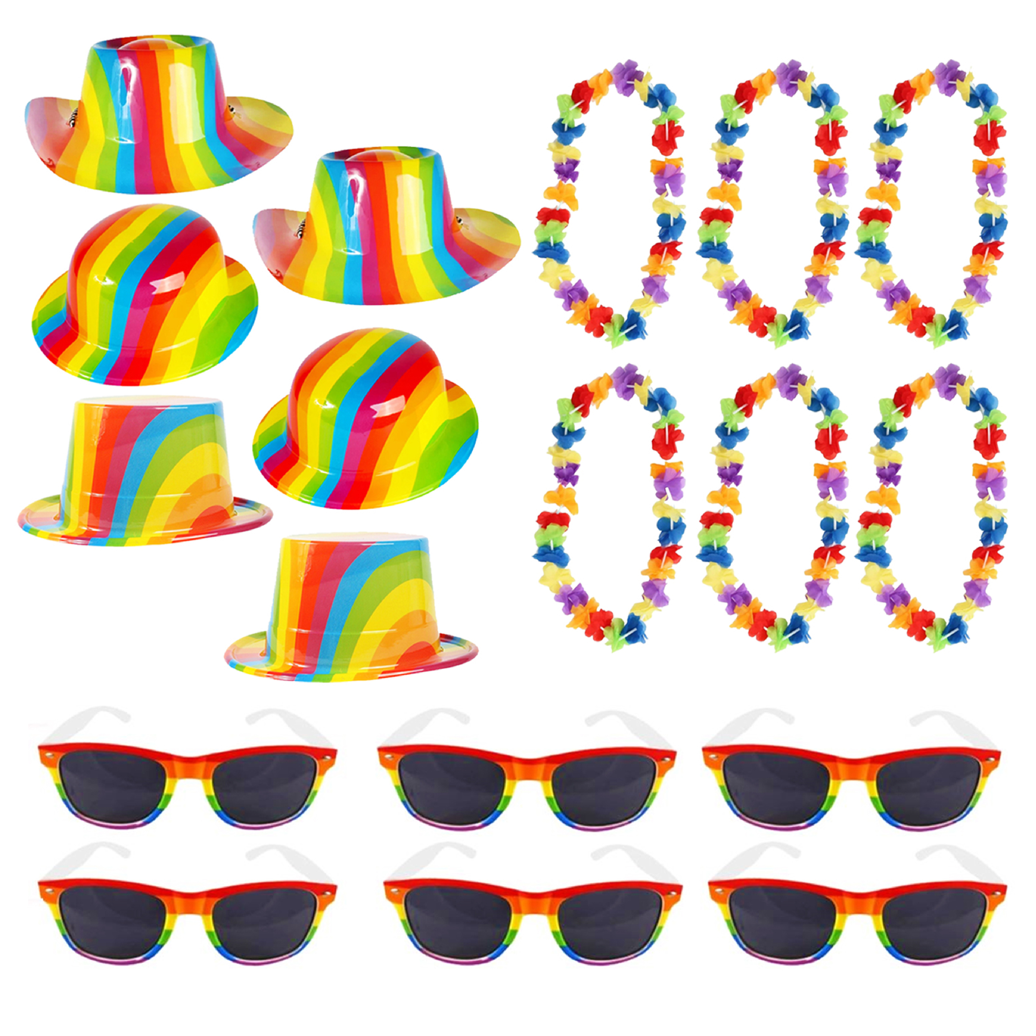 Pride Accessory Pack Set – 6 Rainbow Hats, 6 Flower Leis & 6 Sunglasses | Fun Pride Parade & Party