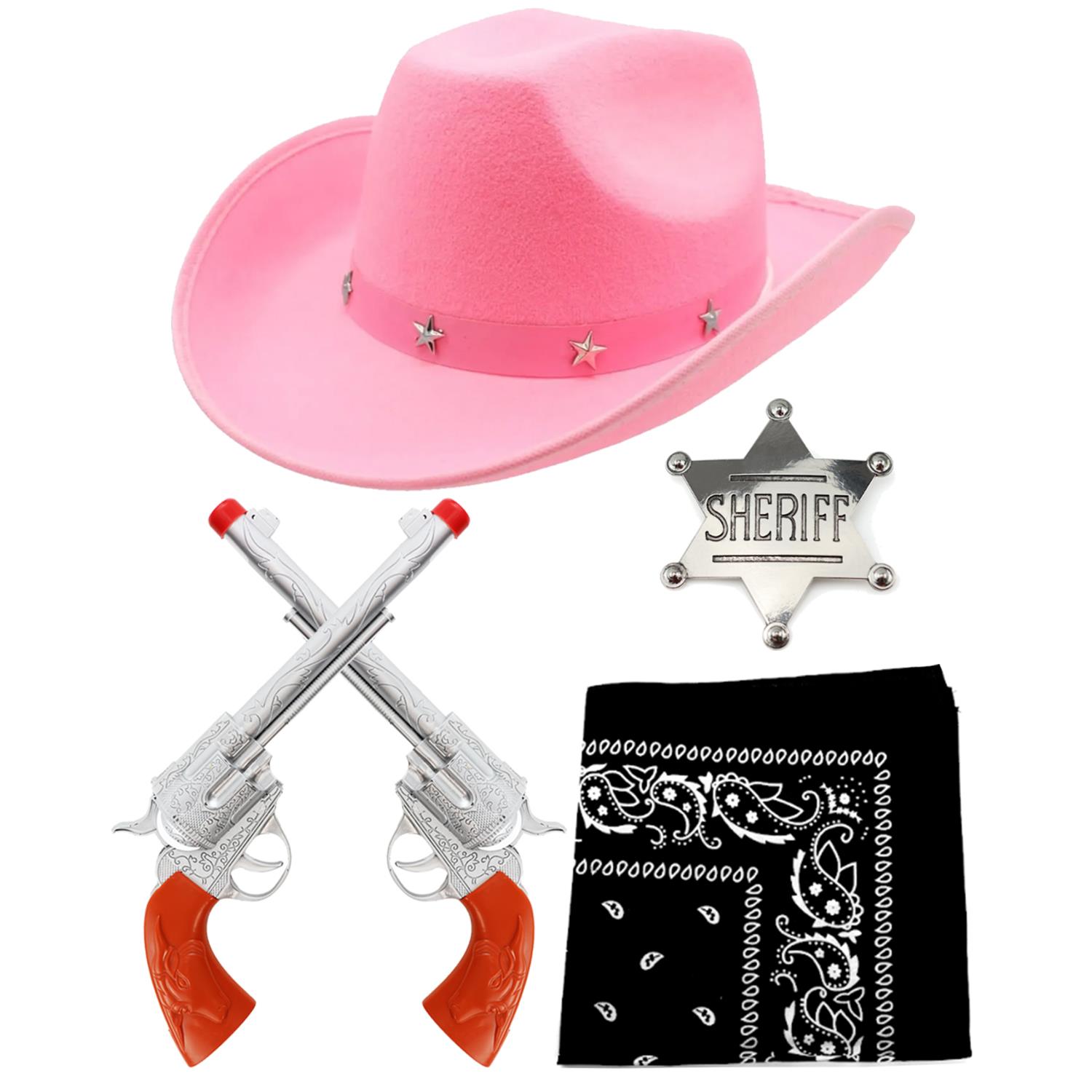 Adults Cowboy Accessory Set | 4 Pcs | Pink Studded Hat, Plastic Pistols, Bandana & Badge