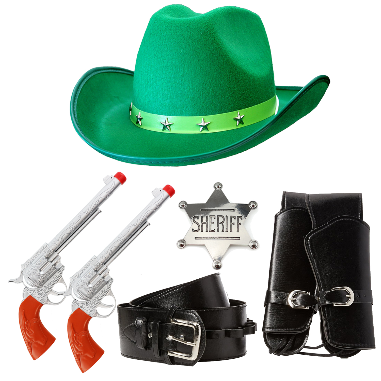 Adults Cowboy Accessory Set | 4 Pcs | Green Studded Hat, Plastic Pistols, Badge & Holster