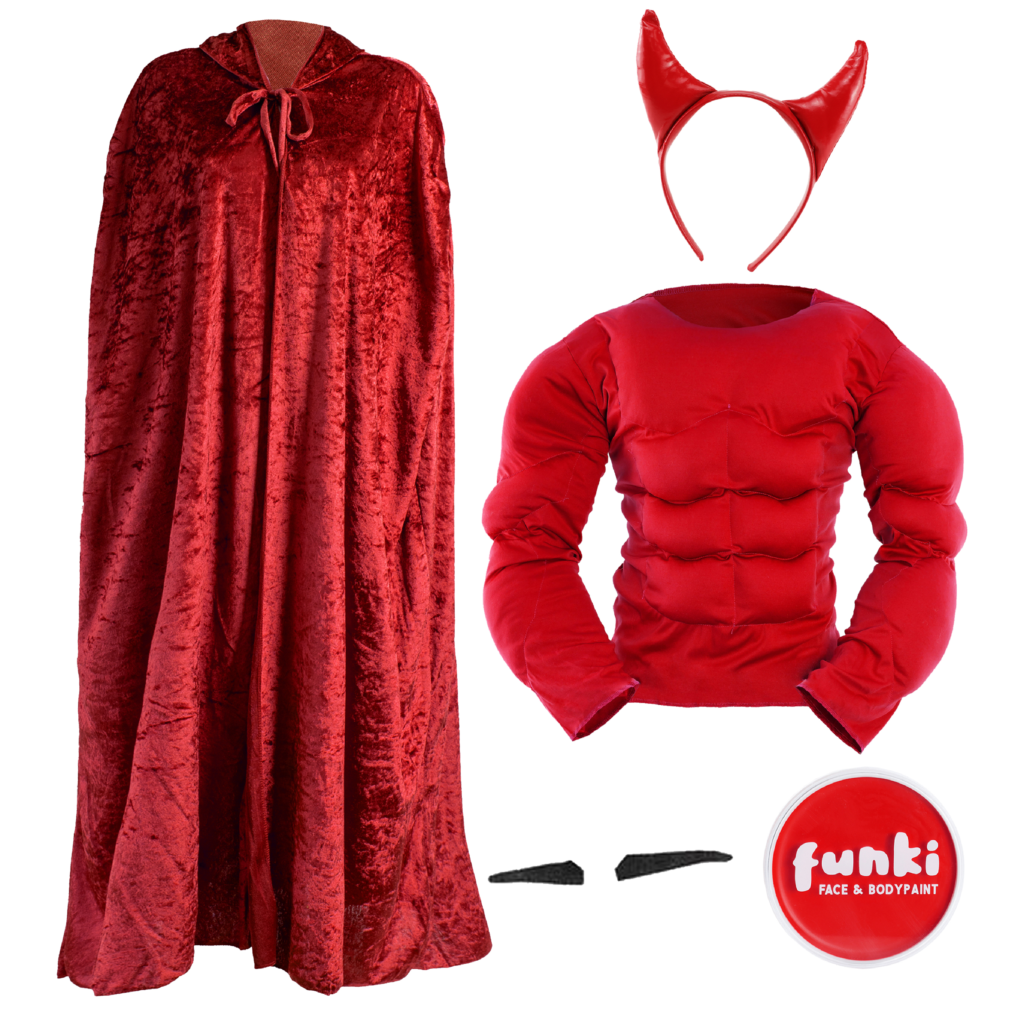 Mens Devil Costume Set | 5 Pcs | Red Horns, Cape, Muscle Chest, Spiv Moustache & Face Paint