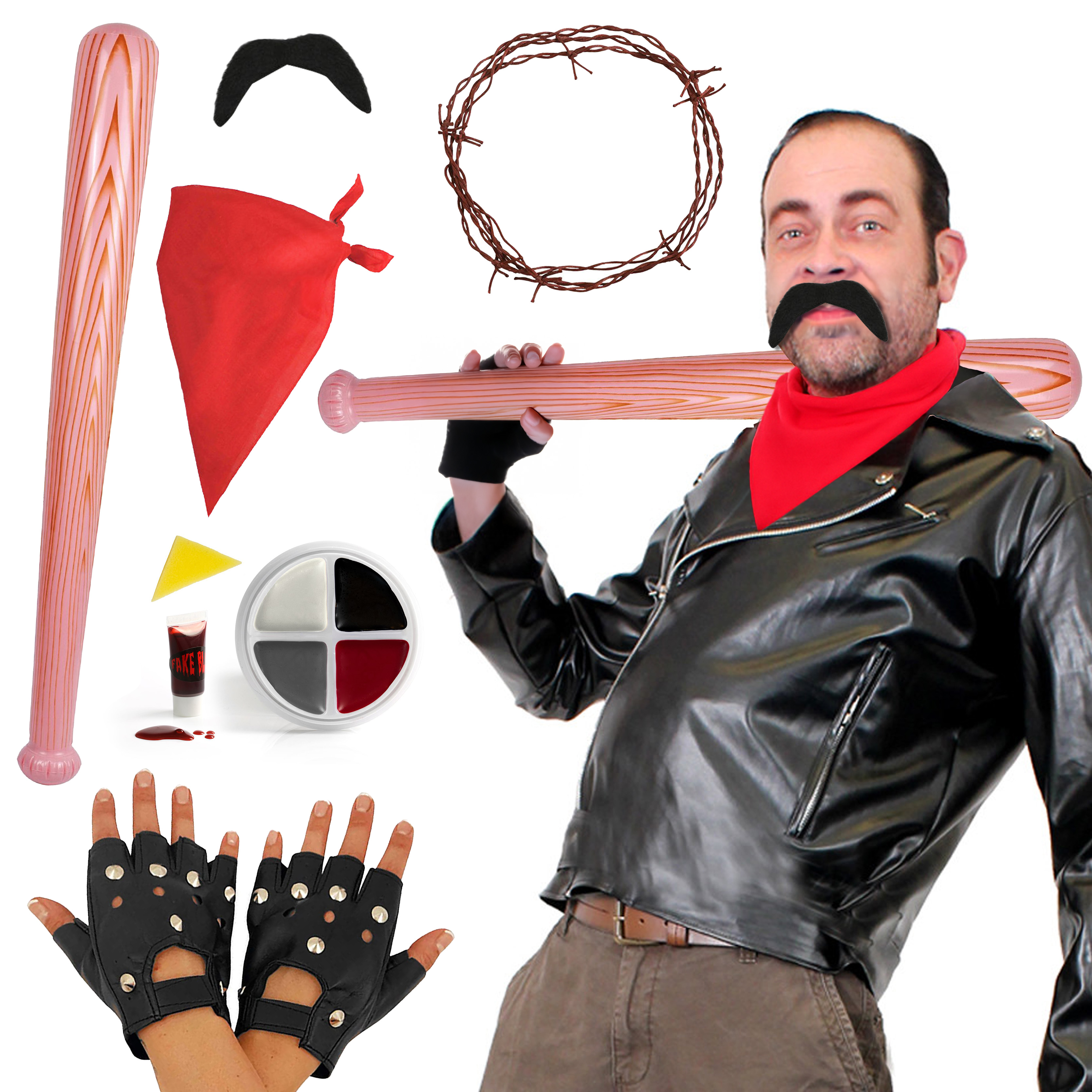Men's Negan Costume | 7 Pcs | Leather Jacket, Bandana, Inflatable Bat, Moustache, Face Paint, Gloves & Barbed Wire