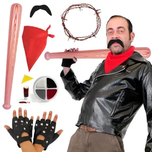 Men's Negan Costume | 7 Pcs | Leather Jacket, Bandana, Inflatable Bat, Moustache, Face Paint, Gloves & Barbed Wire