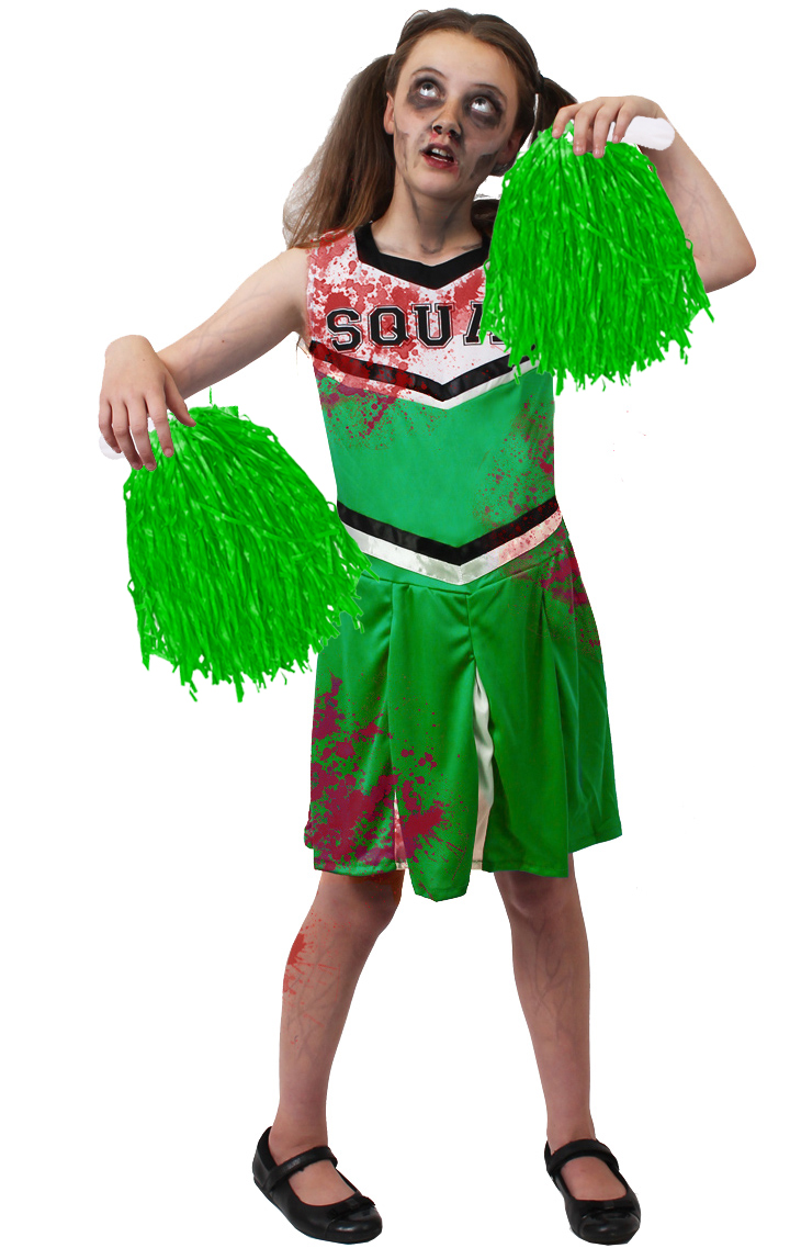 Girls Green Zombie Cheerleader Halloween Fancy Dress Costume with Pom Poms