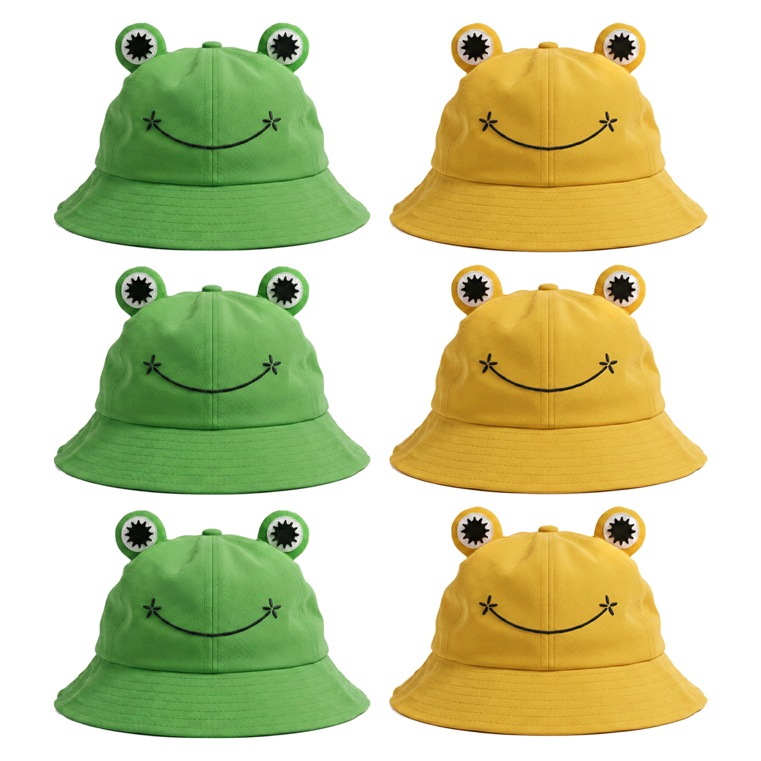 Pack of 6 Frog Bucket Hats | Green & Yellow | Music Tour Festival Stylish Together Fancy Dress Costume Accessory