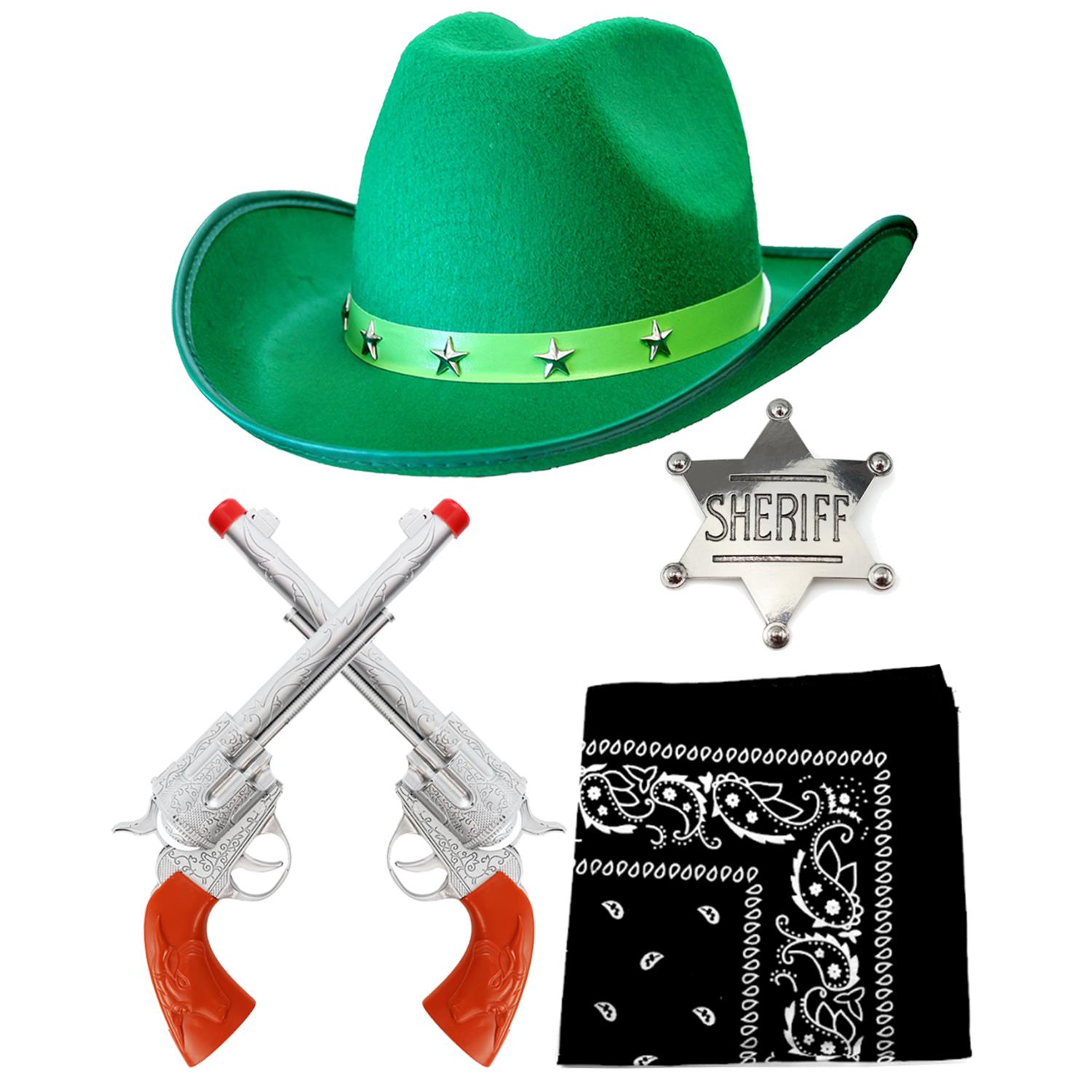 Adults Cowboy Accessory Set | 4 Pcs | Green Studded Hat, Plastic Pistols, Bandana & Badge