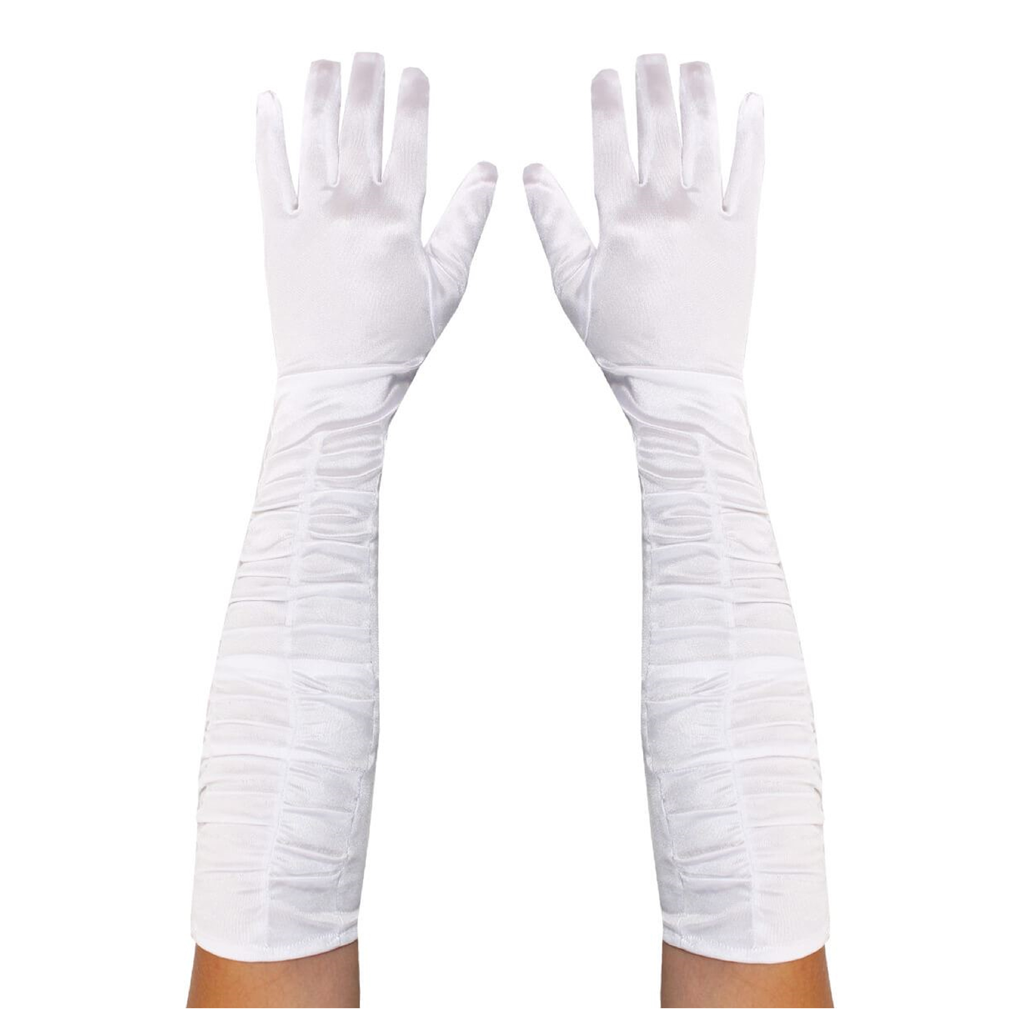 Long White Satin Crinkle Gloves