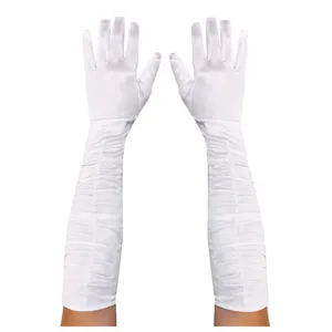 Long White Satin Crinkle Gloves
