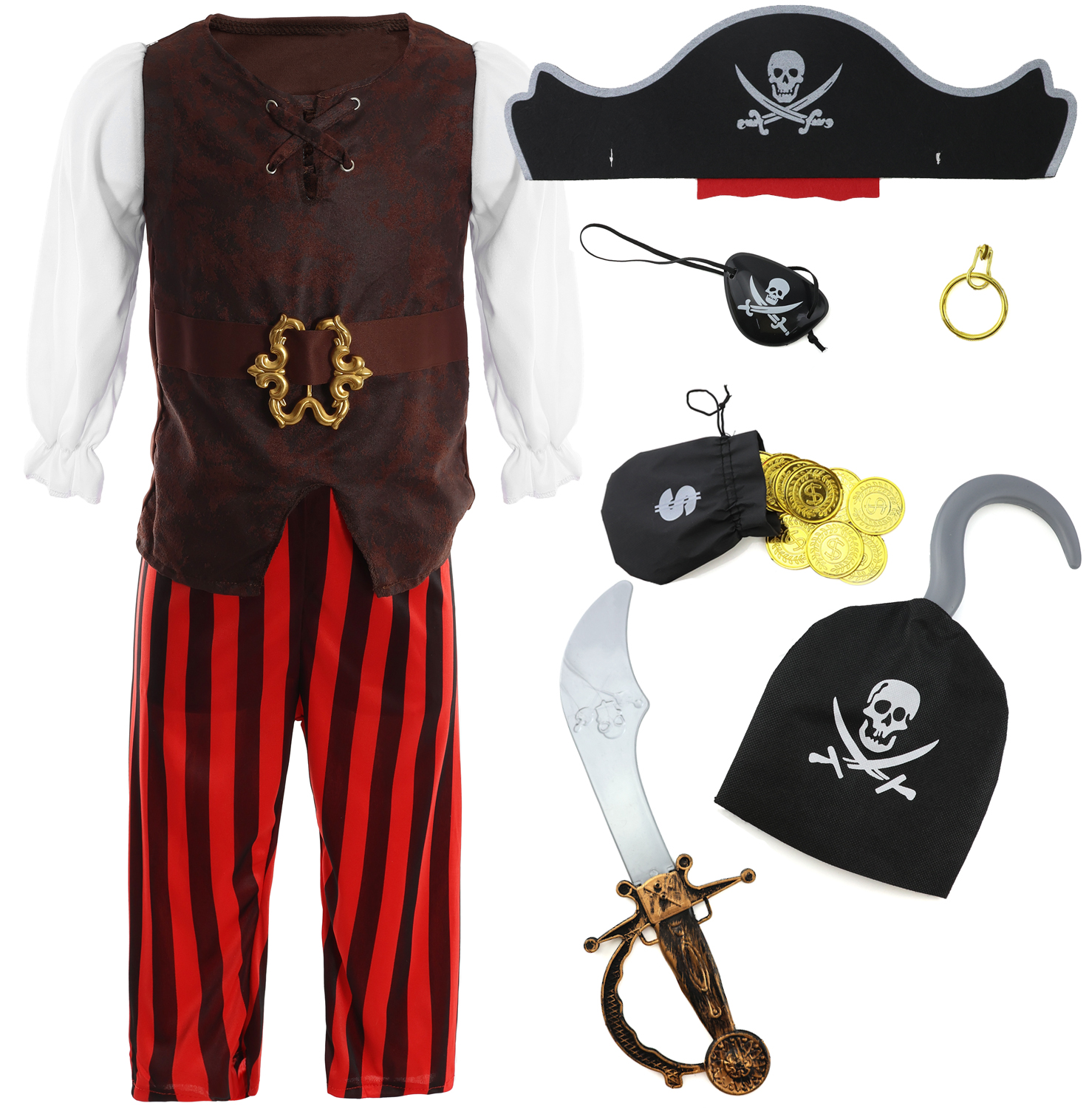 Boys Pirate Costume | 8 Pcs | Costume, Hats. Eye Patch, Earing, Coins, Hook & Sword