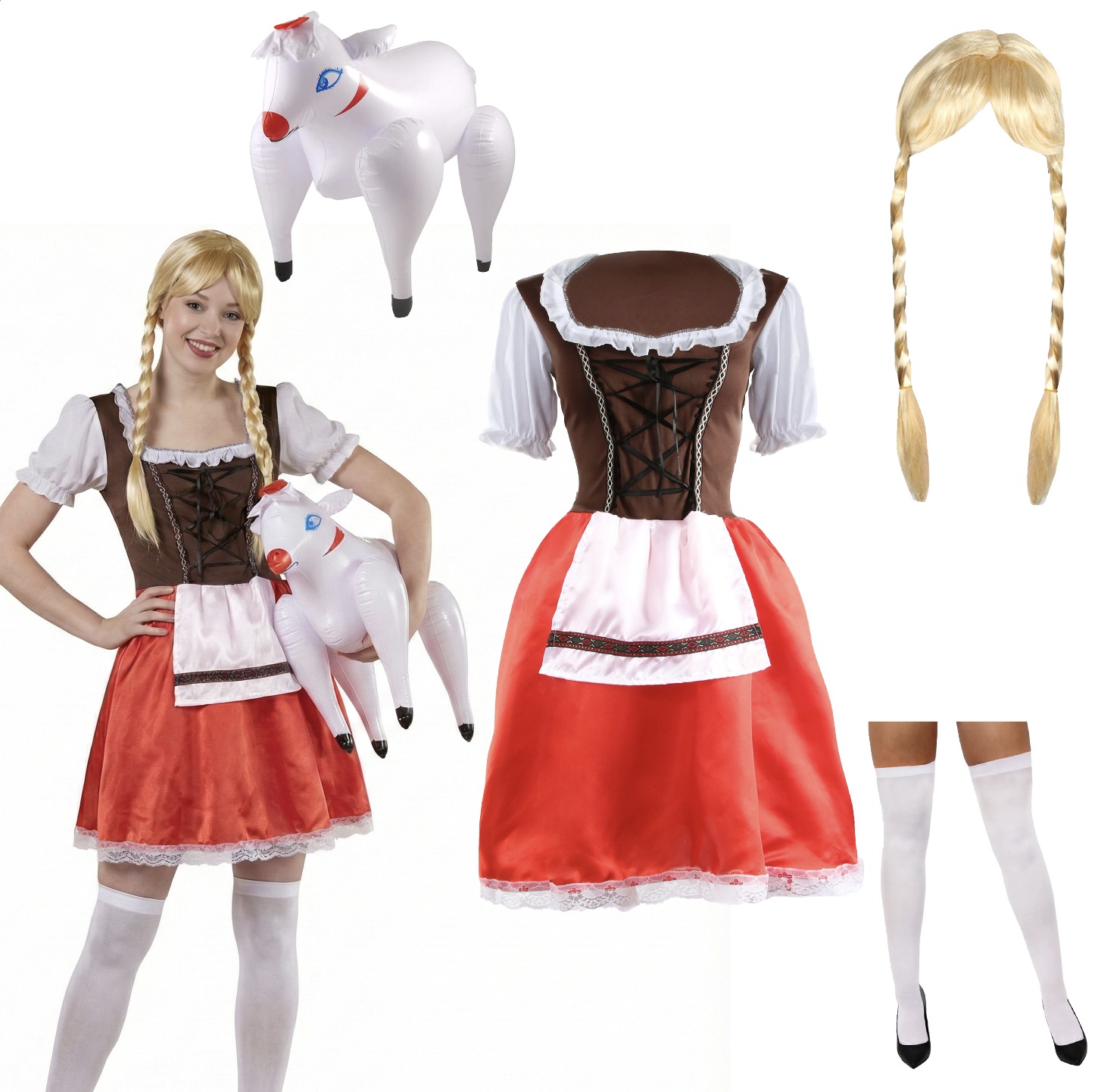 Ladies Heidi Costume | 4 Pcs | Dress, Plait Wig, Stockings & Inflatable Sheep
