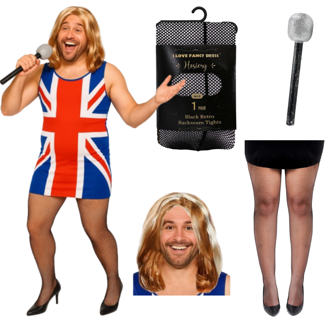 Men's Union Jack Dress Stag Do Costume | 4 Pcs | Dress, Wig, Tights & Mic