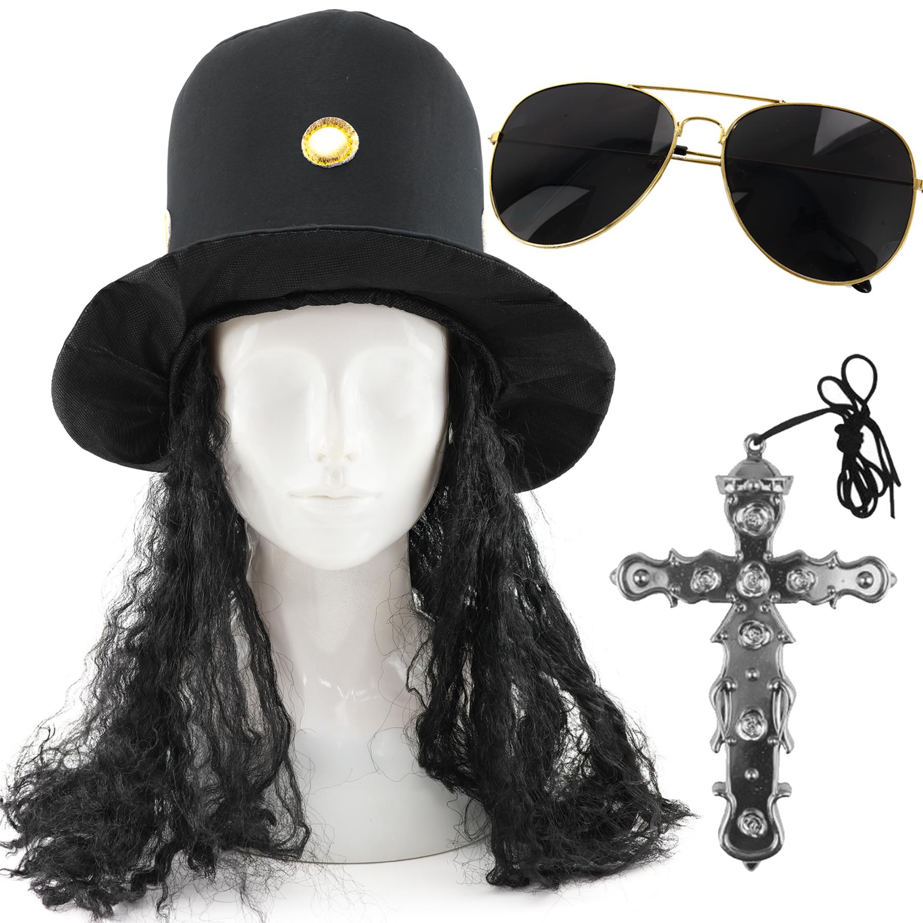 Adults Guitar Hero Costume Set – Rock Star Hat, Cross Necklace & Glasses