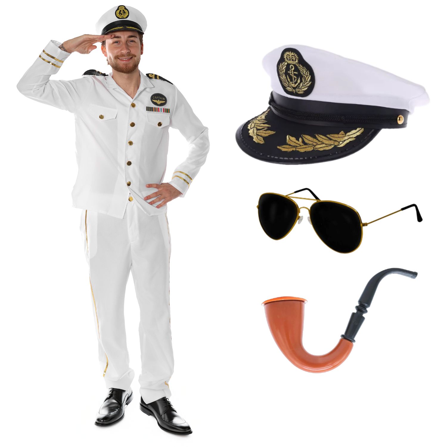 Adults Sailor Captain Costume | 5 Pcs | Jacket, Trousers, Hat, Glasses & Pipe