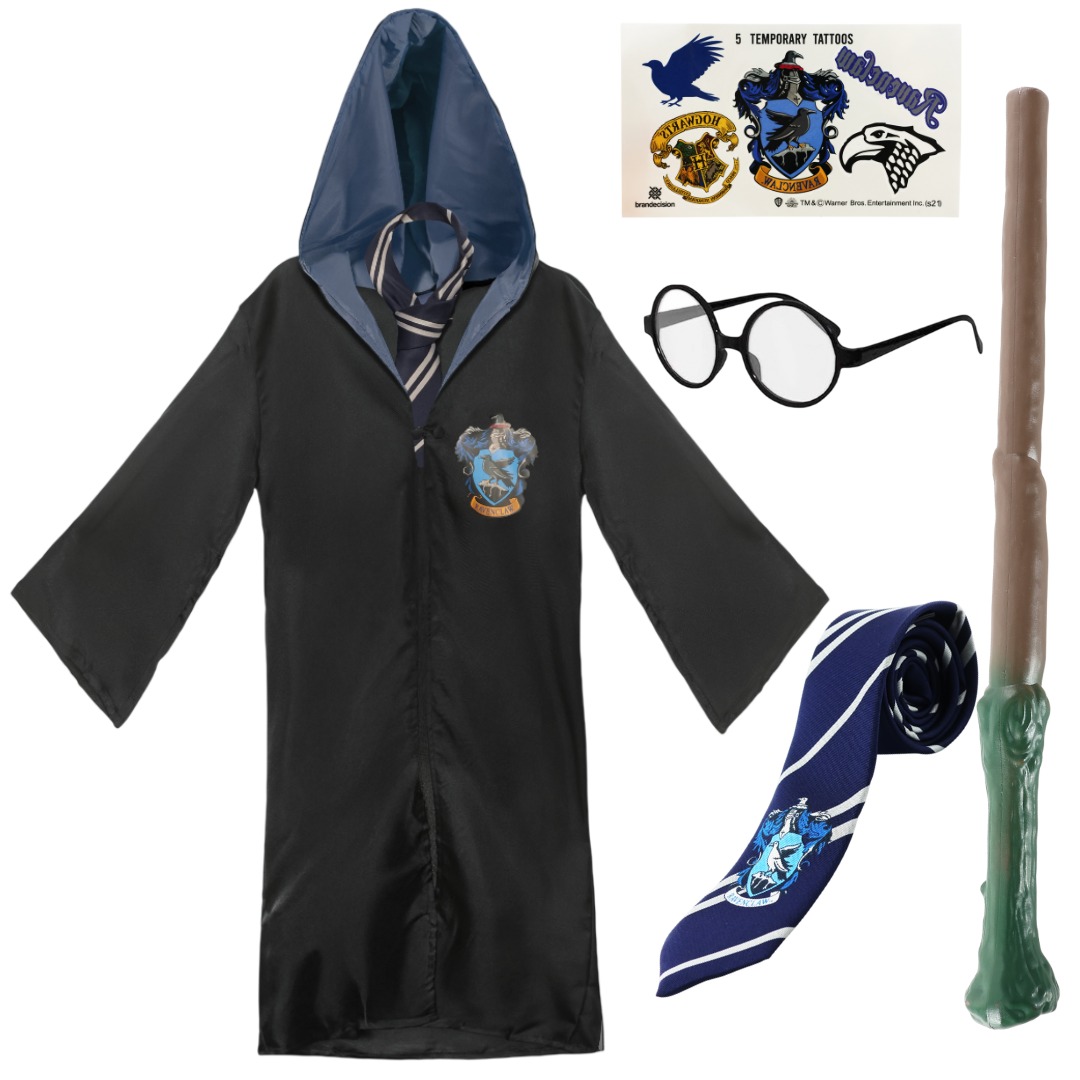 Adults Harry Potter Costume | 5 Pcs | Ravenclaw Cloak, Tie, Tattoos, Wand & Glasses