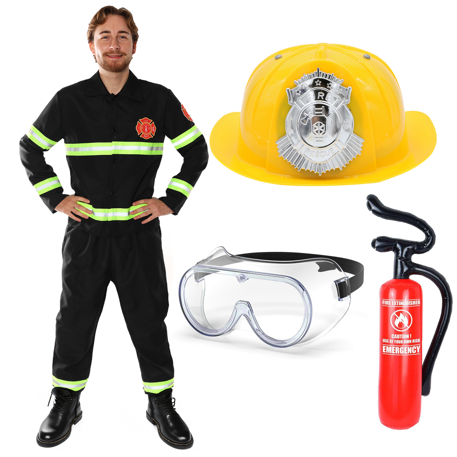 Adults Fireman Costume | 5 Pcs | Top, Trousers, Hat, Goggles & Inflatable Fire Extinguisher