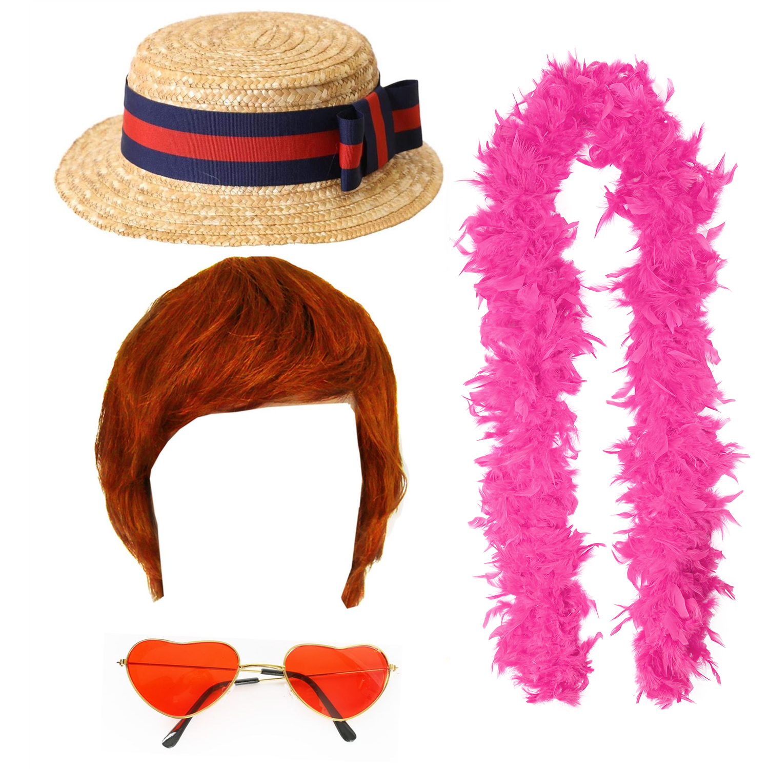 Farewell Tour Accessory Set - Boater Hat, Wig, Heart Glasses & Pink Boa
