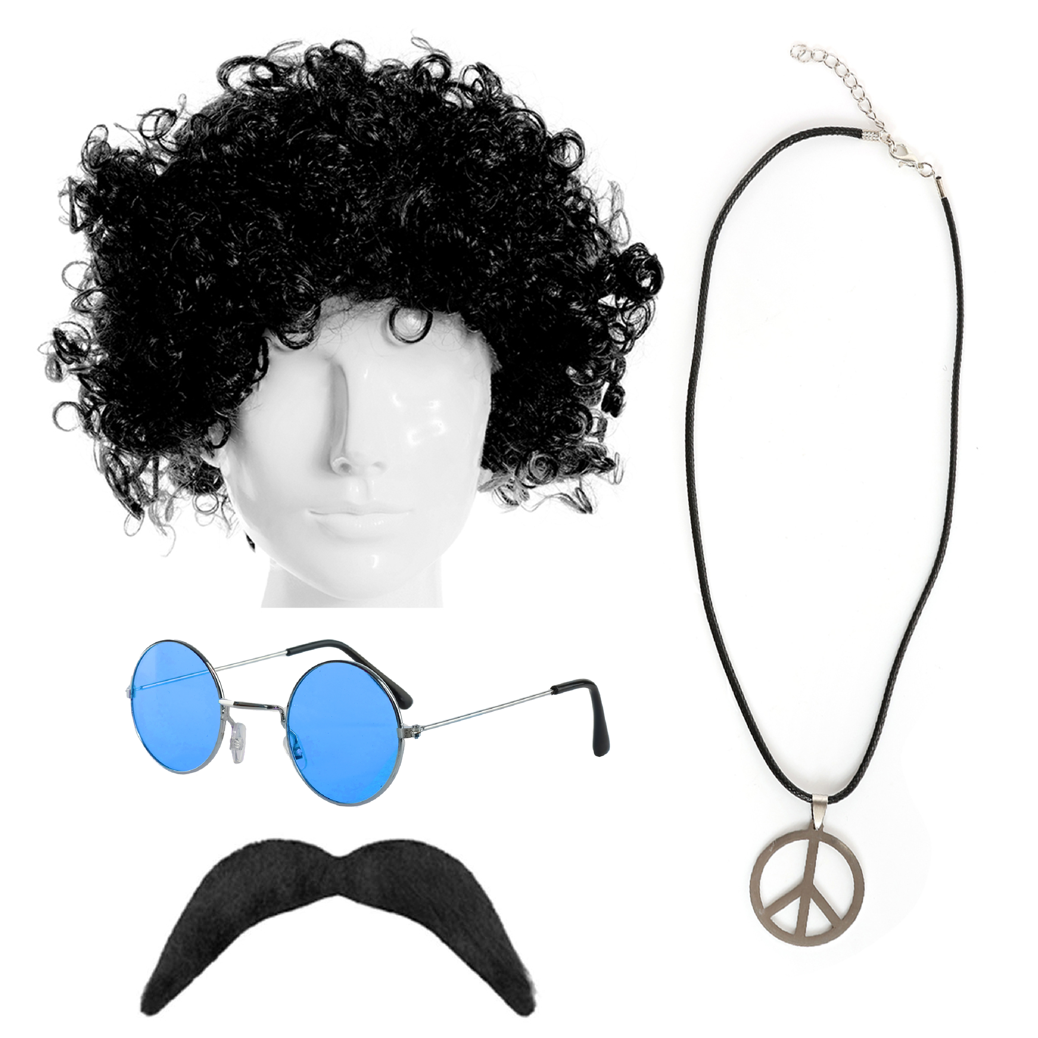 Hippie Set - Black Afro, Necklace, Glasses & Tash