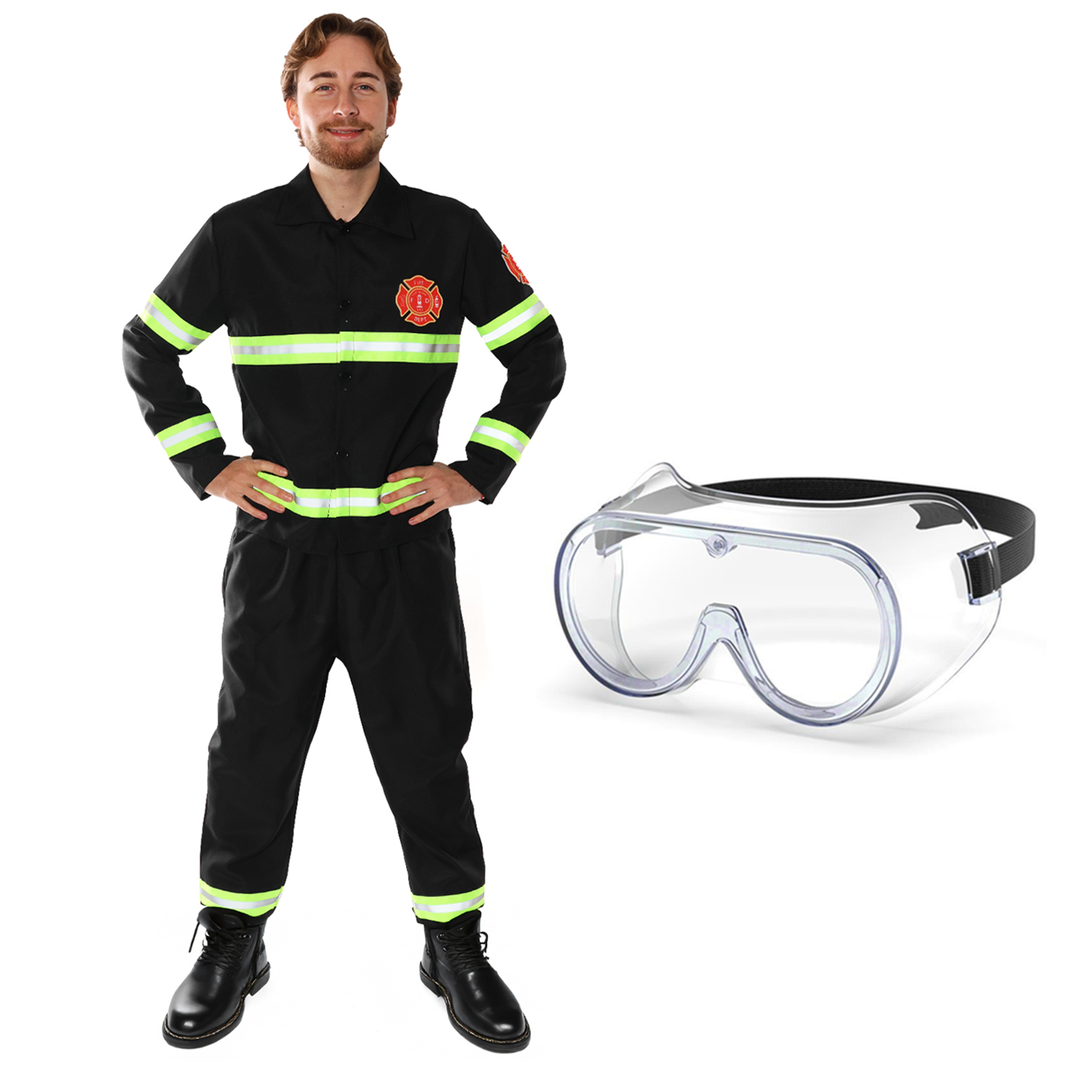 Adults Fireman Costume | 3 Pcs | Top, Trousers & Goggles