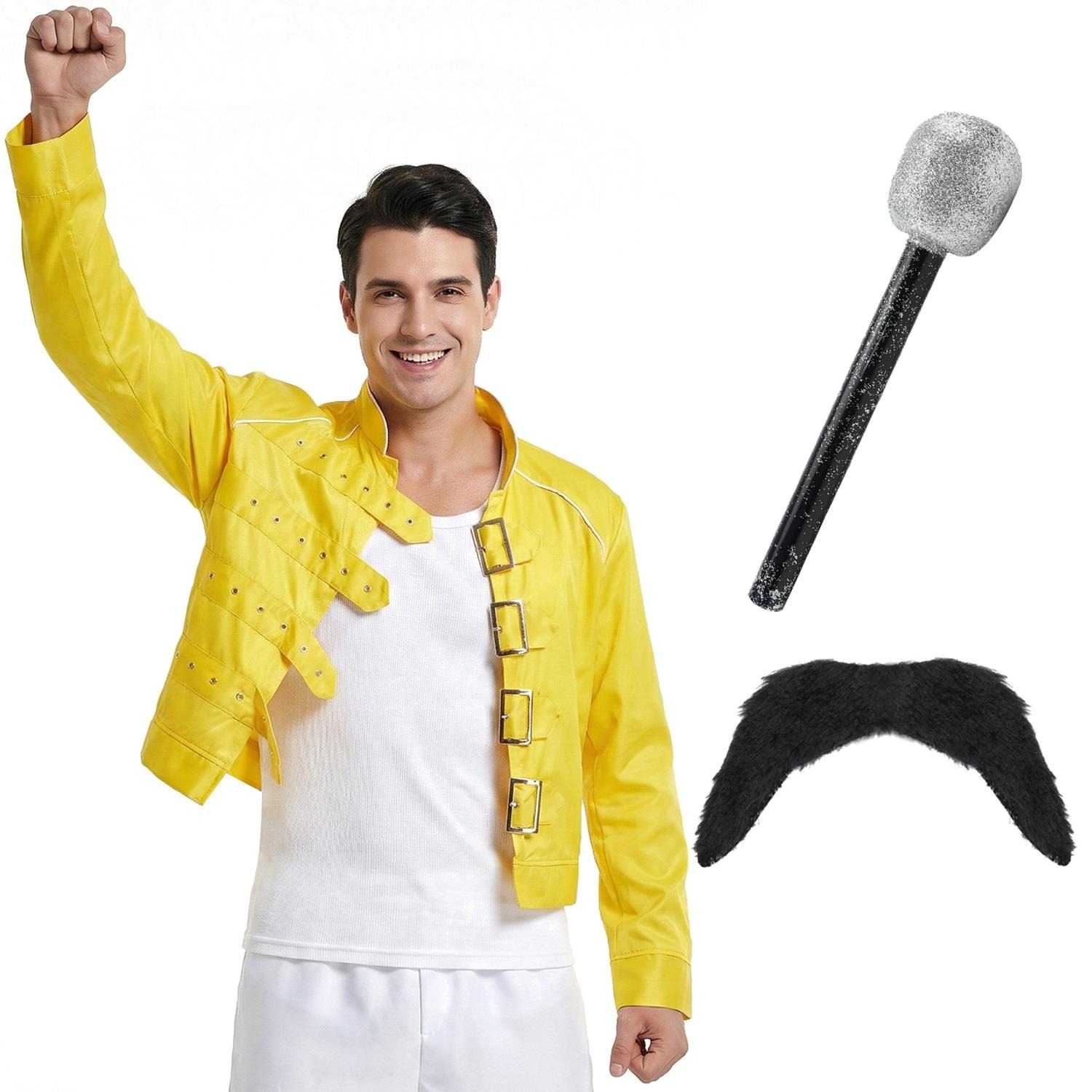 Adults 80's Rock Star Costume | 3 Pcs | Yellow Jacket, Mic & Tash