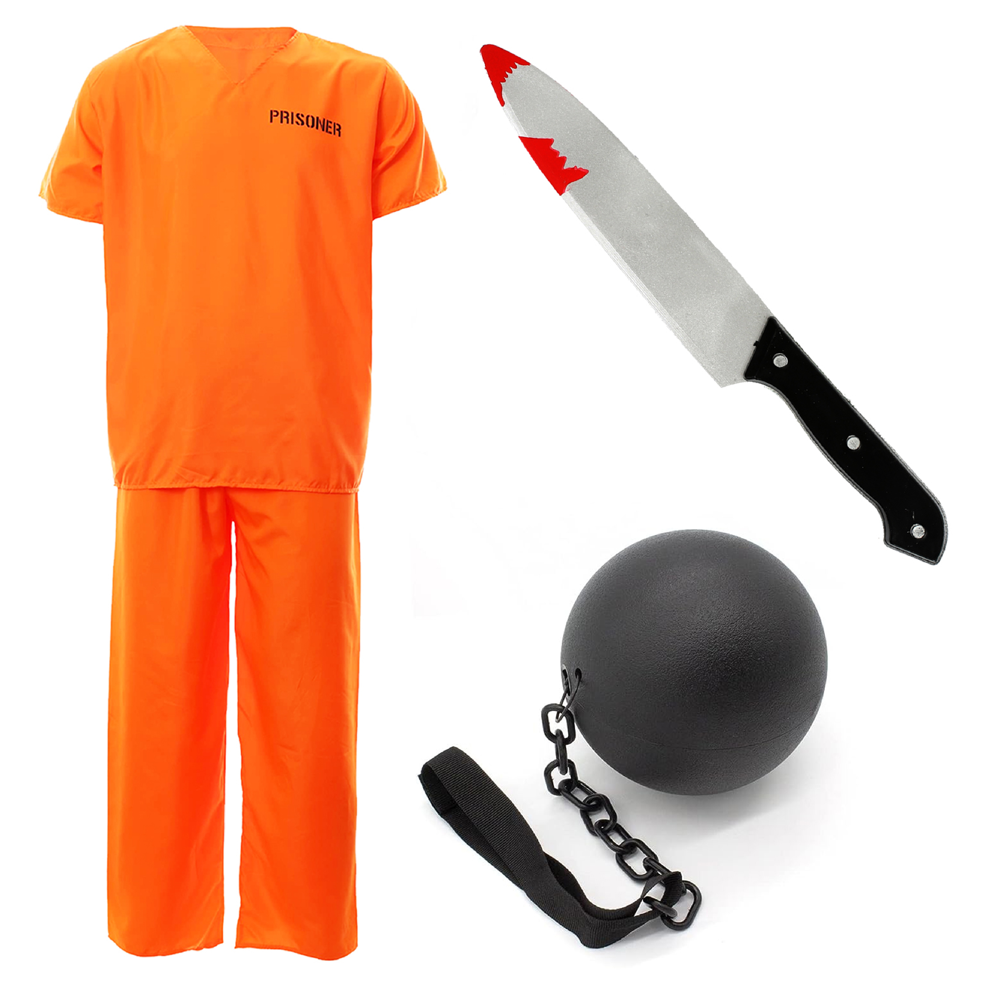Adults Orange Prisoner Costume with Handcuffs & Ball Chain Prop