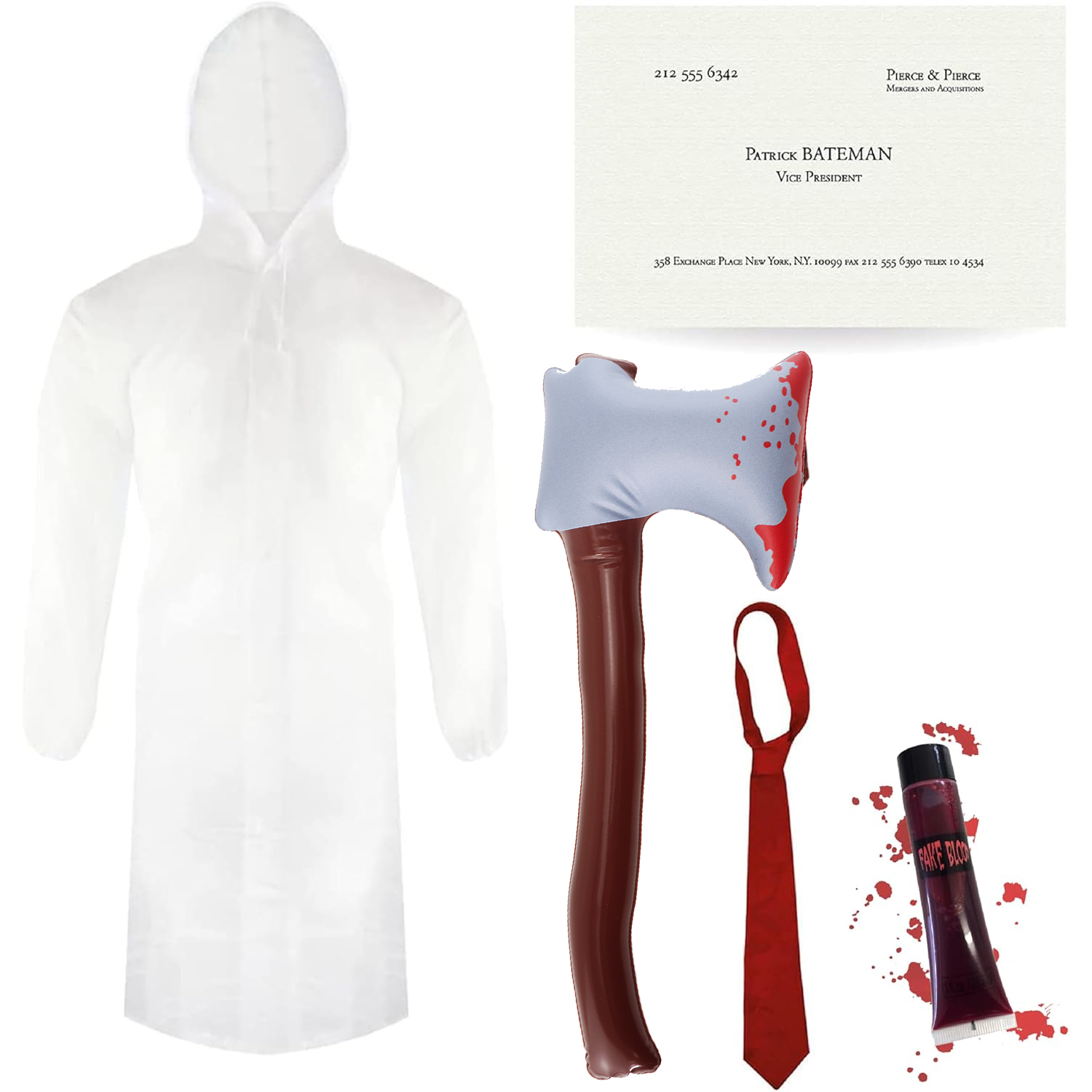 Adults Patrick Bateman Costume | 5 Pcs | Clear Jacket, Inflatable Axe, Red Tie, Blood & Business Card
