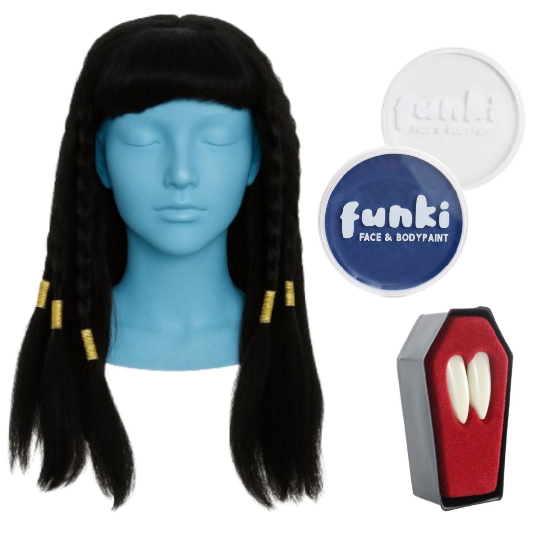 Adults Blue Alien Warrior Costume Set | 4 Pcs | Wig, Fangs, Blue & White Face Paint