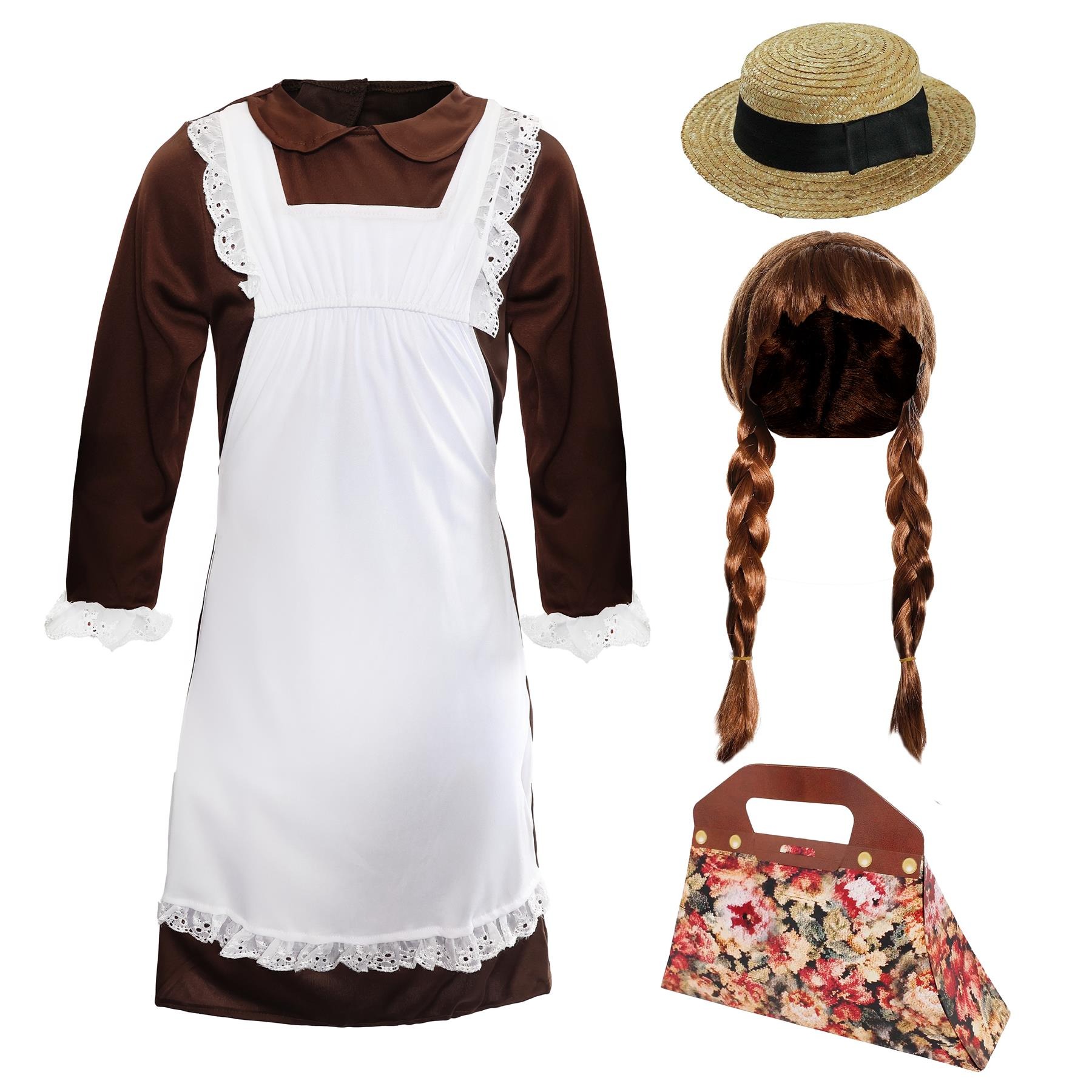 Girls Gable Orphan Costume | 4 Pcs | Dress, Hat, Wig & Bag