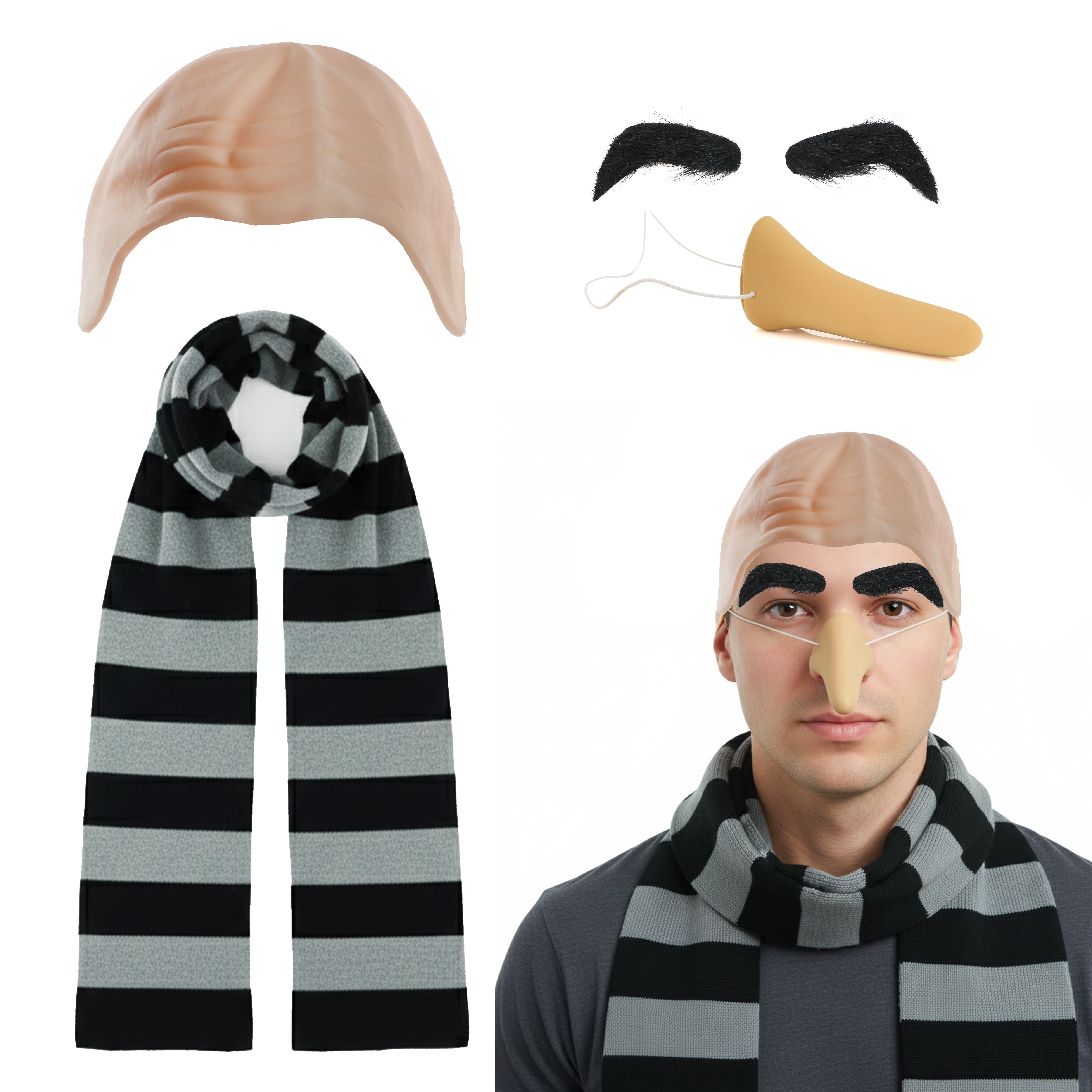 Adults Despicable Villain Costume | 4 Pcs | Bald Cap, Eyebrows, Nose & Scarf