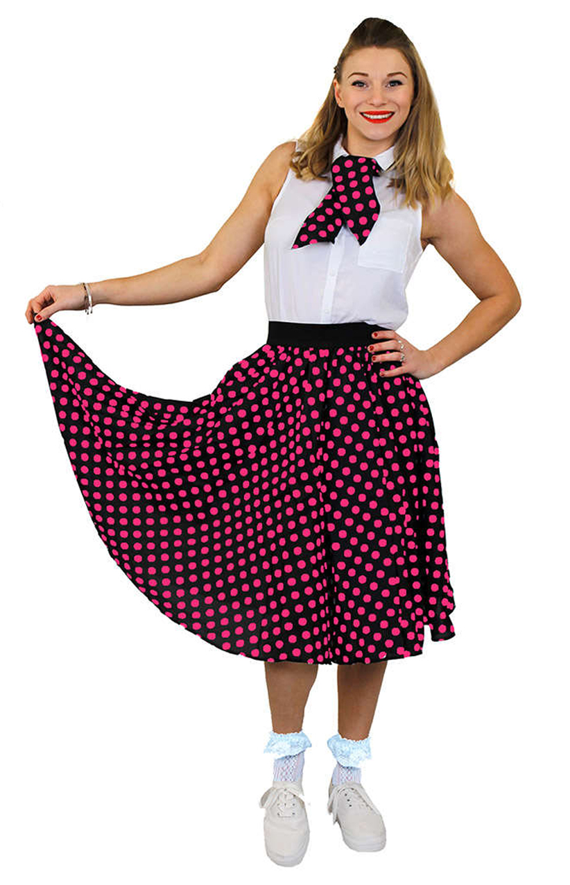Ladies Long Polka Dot Skirt - Black/Pink