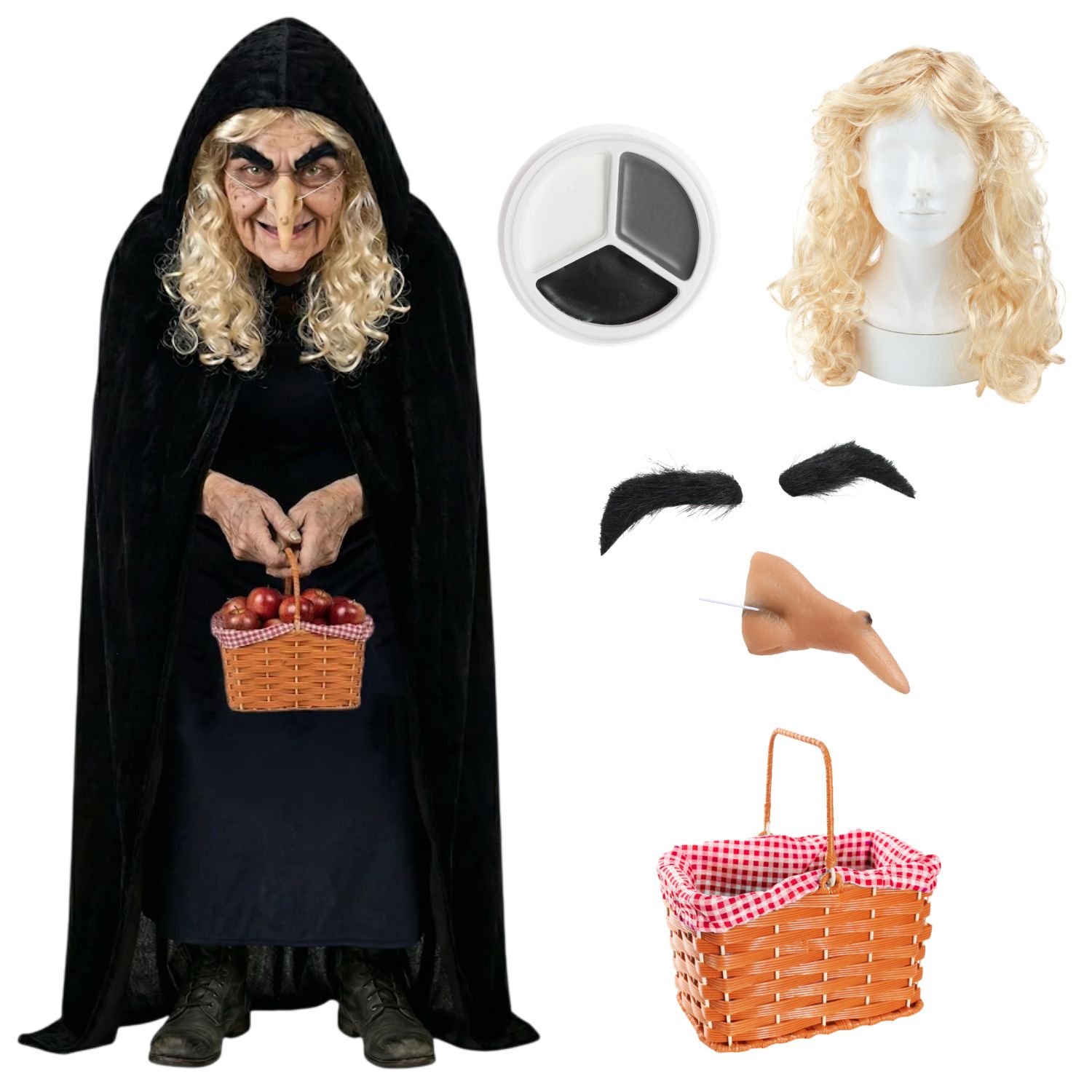 Adults Evil Apple Hag Costume | 6 Pcs | Cape, Wig, Eyebrows, Nose, Basket & Face Paint