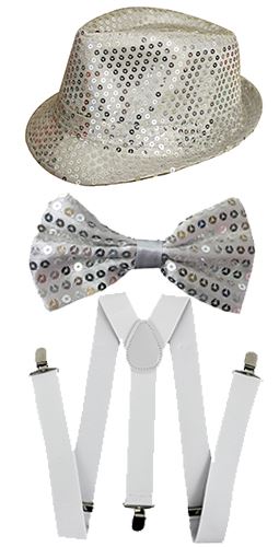 Silver Sequin Trilby Hat, Sequin Bow Tie & White Braces