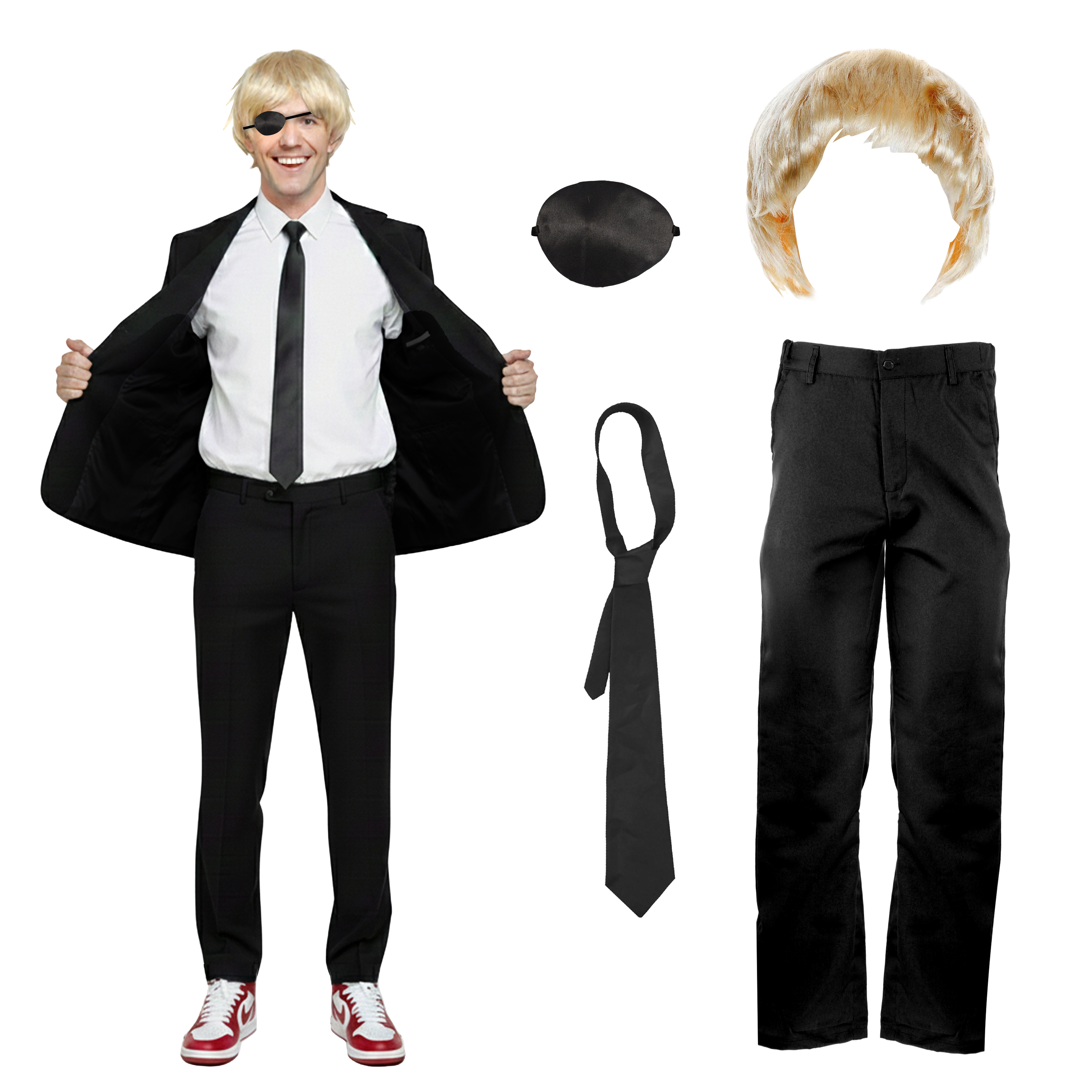 Men's Chainsaw Demon Costume | 5 Pcs | Blazer, Trousers, Tie, Wig & Eye Patch