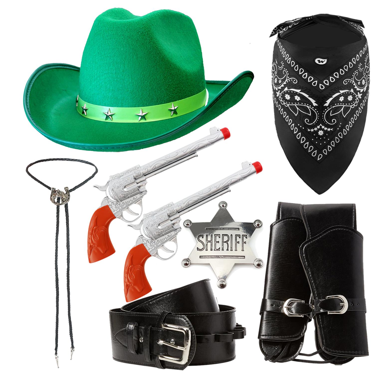 Adults Cowboy Accessory Set | 6 Pcs | Green Studded Hat, Plastic Pistols, Bandana, Holster, Badge & Bootlace Tie