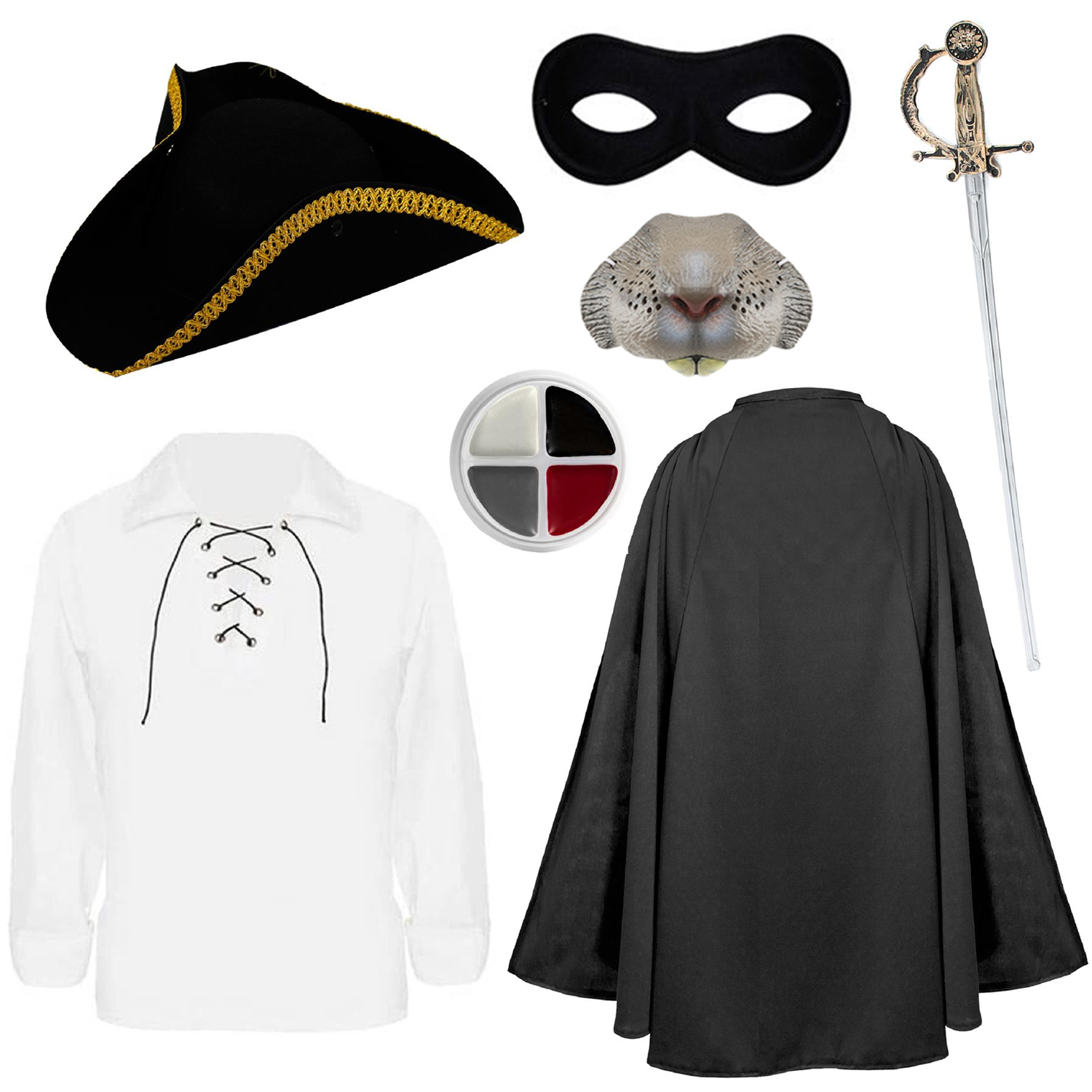 Childs Highway Rodent Costume | 7 Pcs | Shirt, Cape, Gold Trim Tricorn Hat, Nose, Mask, Sword & Face Paint