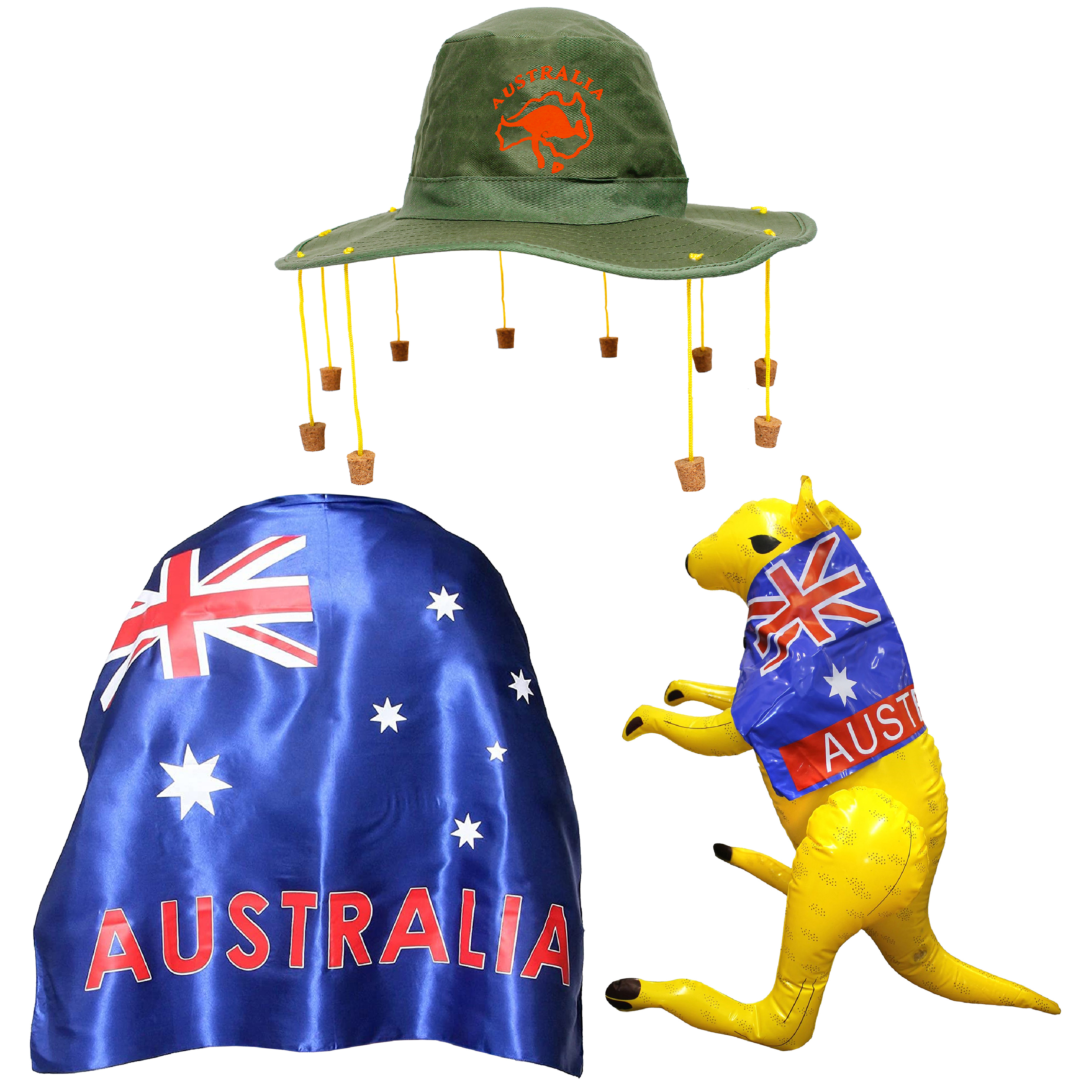 Australian Flag Cape, Kangaroo Cork Hat & Inflatable Kangaroo