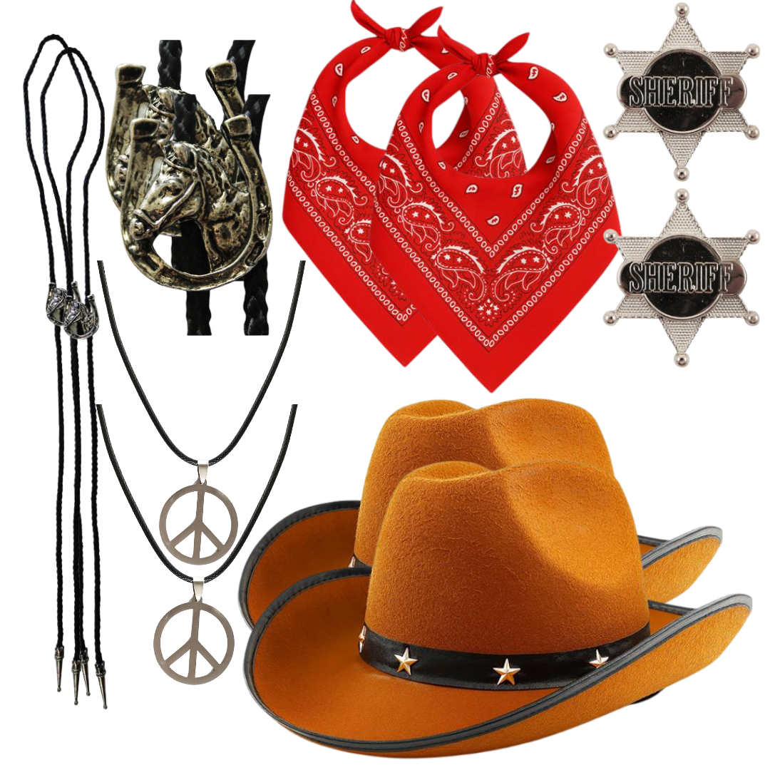 Adults Cowboy Duo Set | 10 Pcs | Brown Hat, Bootlace Tie, Necklace, Bandana & Sheriff Badge