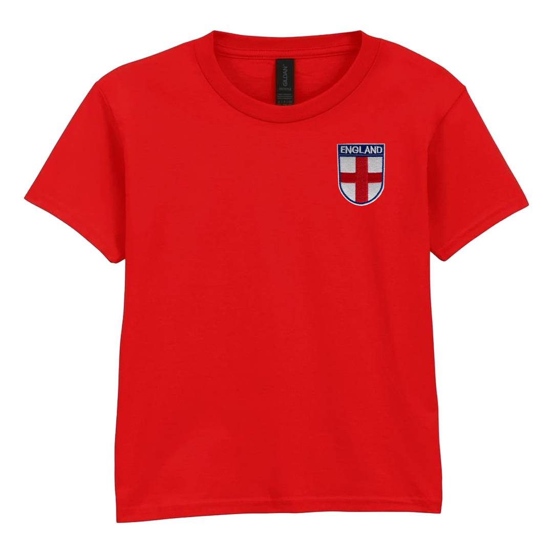 Kids England T-Shirt Red | Boys & Girls Embroidered England Flag Badge Football Tee |100% Cotton