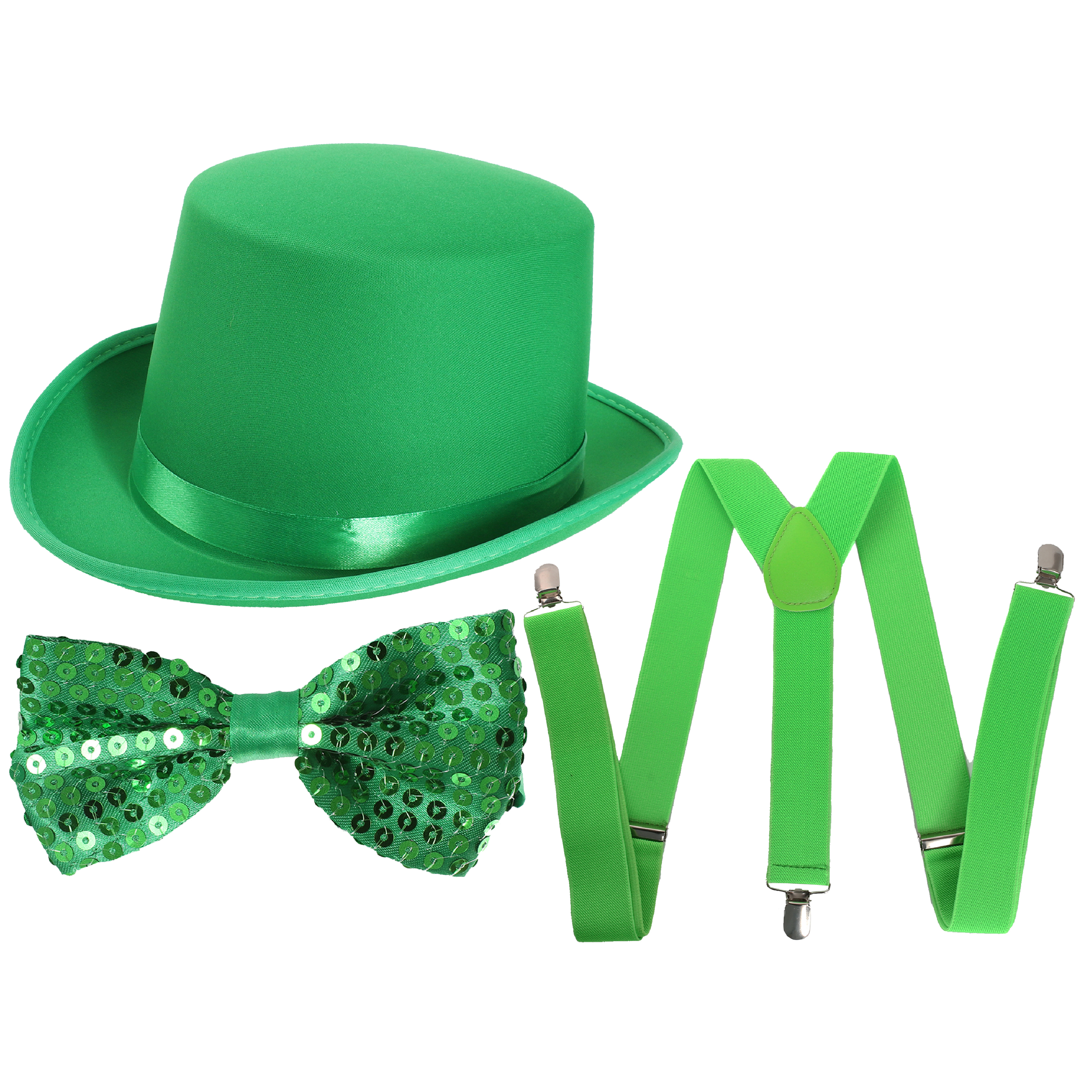 Green Satin Top Hat, Sequin Bow Tie & Green Suspenders