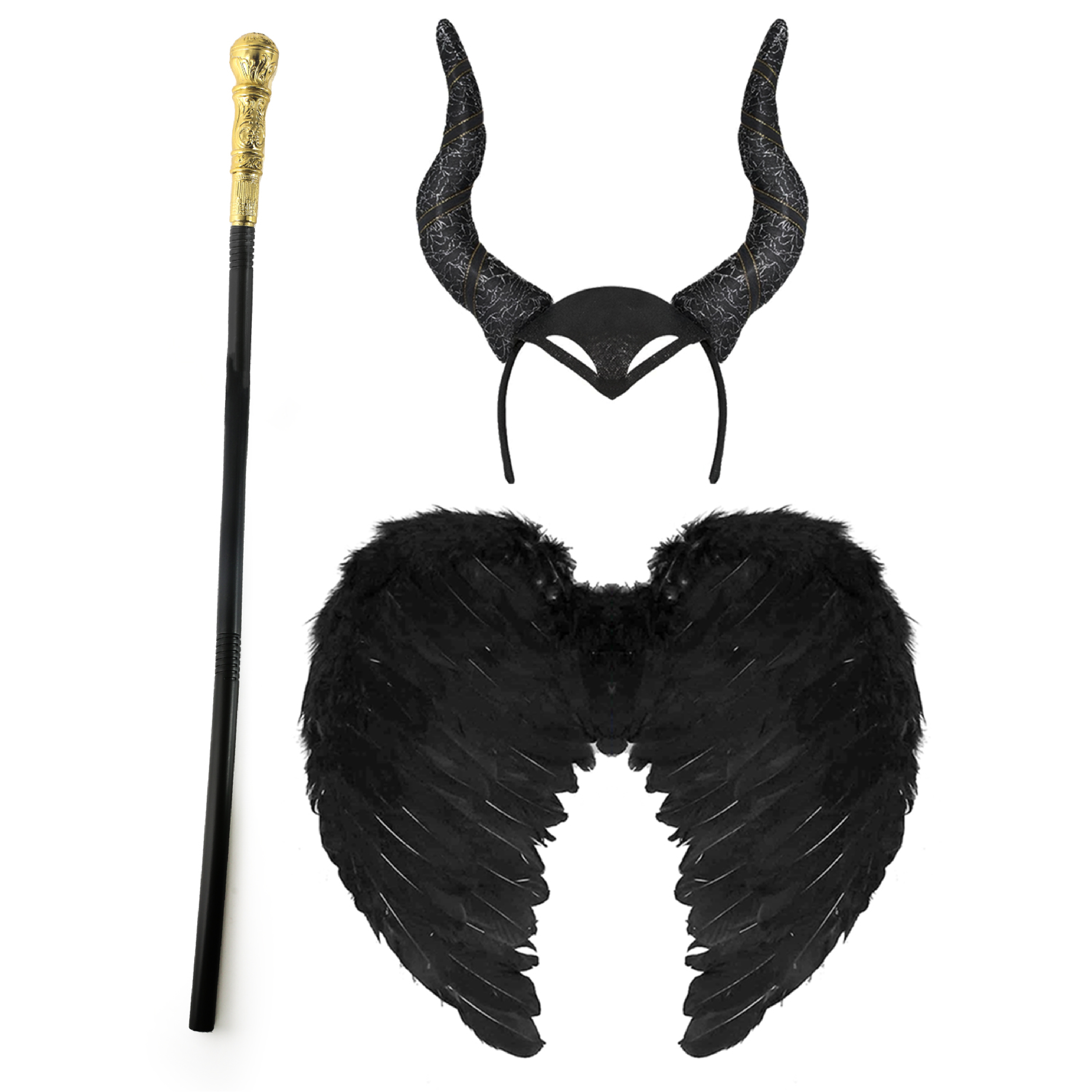 Ladies Dark Fairy Costume Set | 3 Pcs | Wings, Horns & Cane