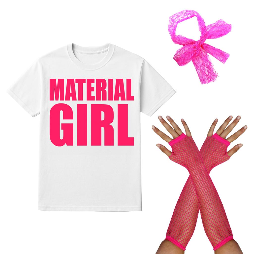Ladies Material Girl Costume – Printed T-shirt, Lace Hair Bow & Pink Fishnet Gloves