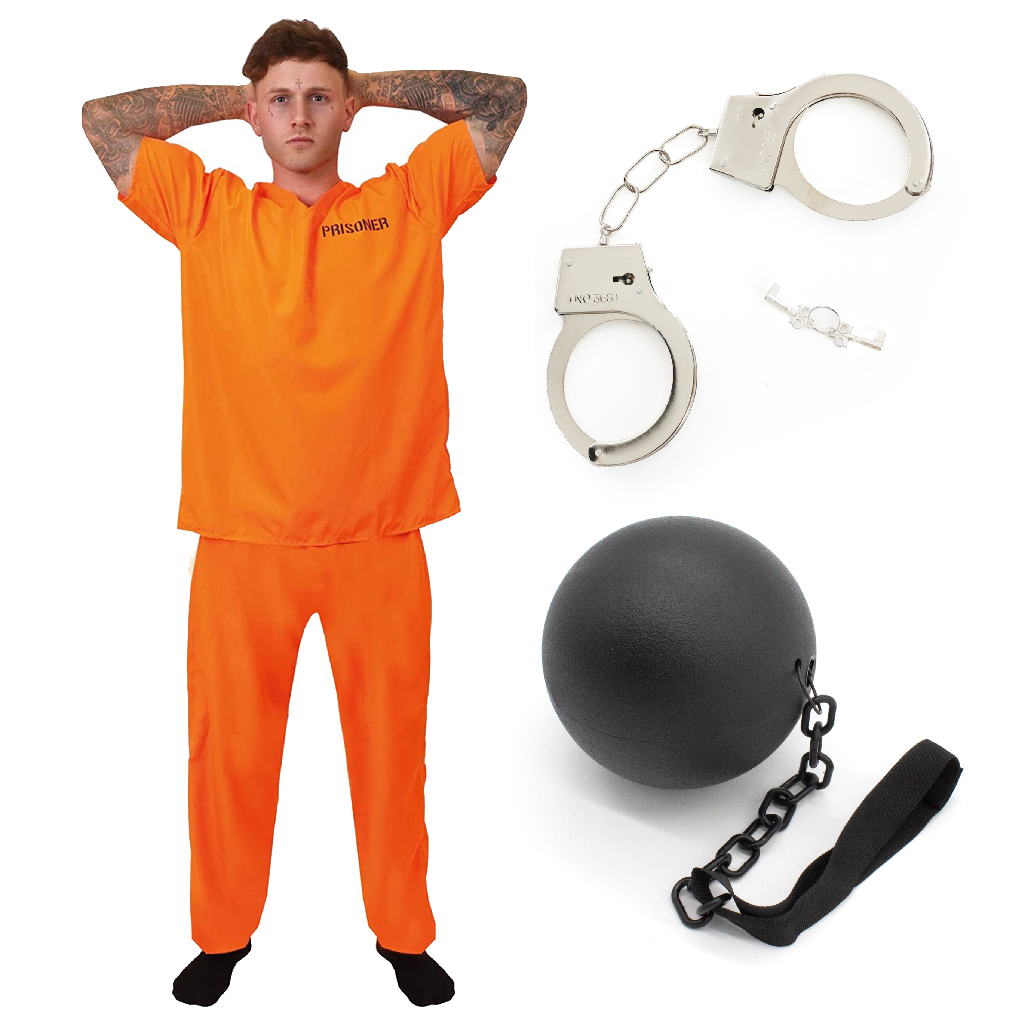 Mens Orange Prisoner Costume with Handcuffs & Ball Chain Prop