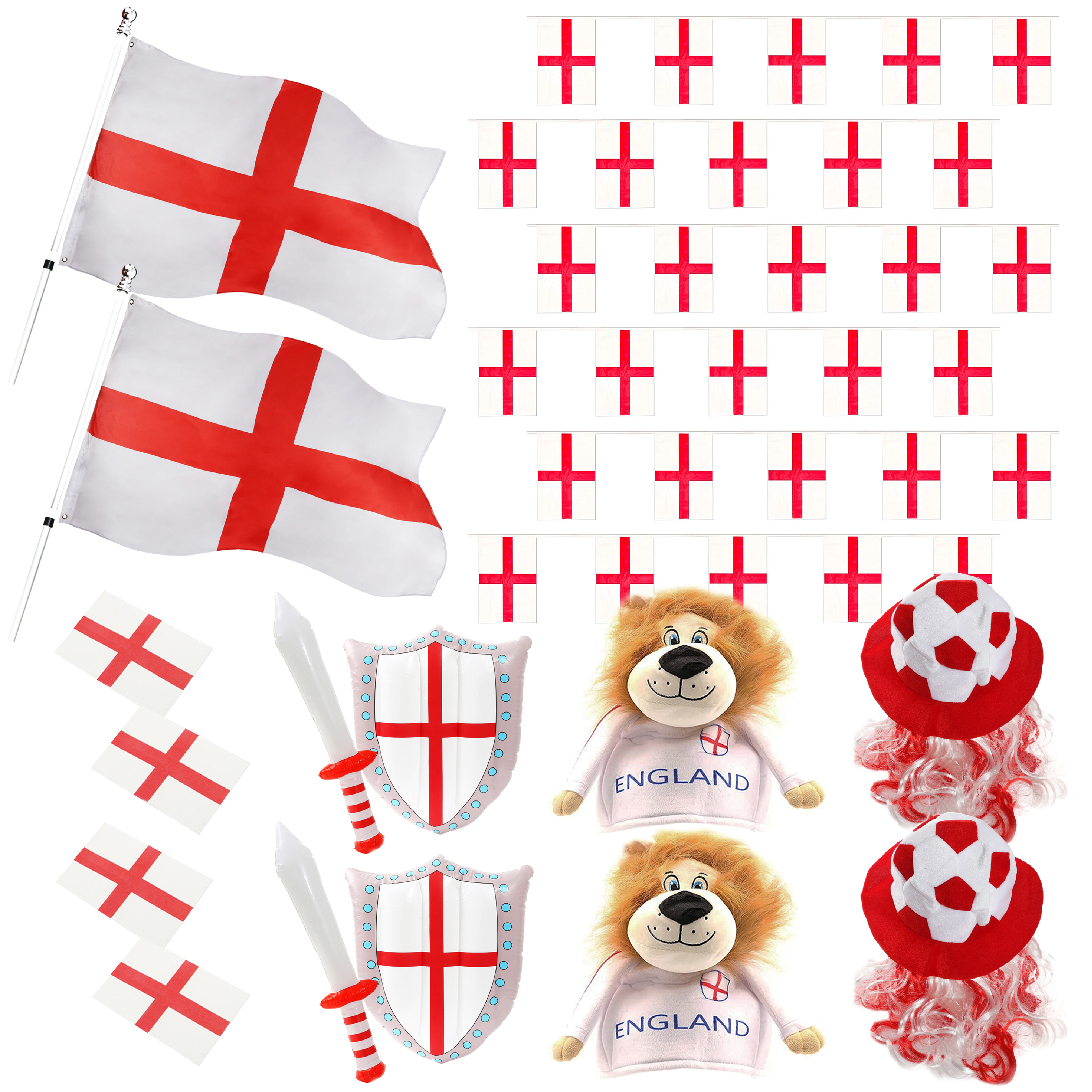 14 Piece England Supporters Set - Flags, Bunting, Tattoos, Inflatables, Lion & Football Hats