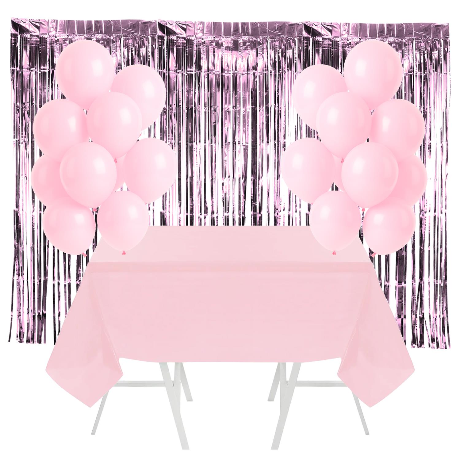 Pink Party Decoration Set - Balloons, Table Cover & 3 X Foil Curtains
