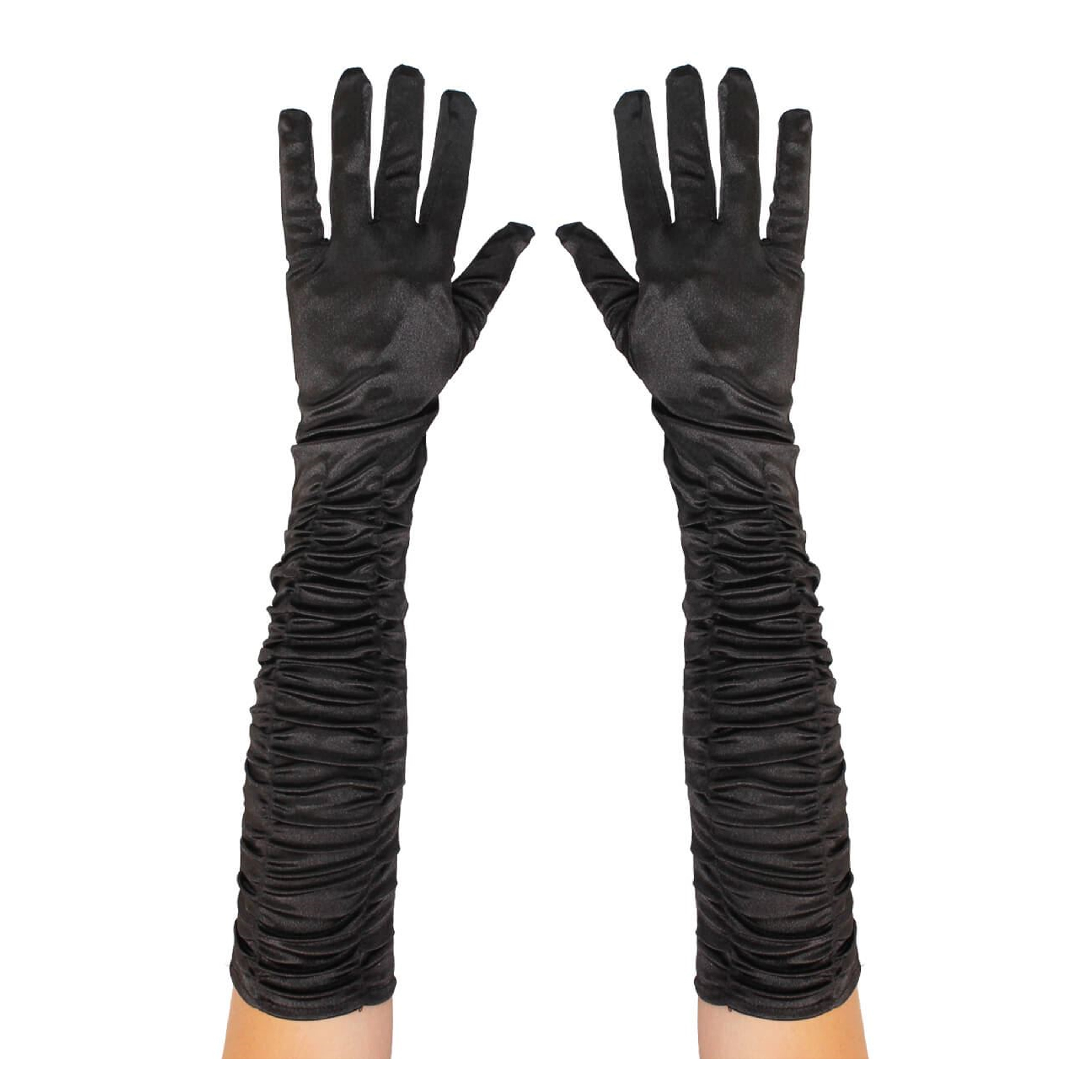 Long Black Satin Crinkle Gloves