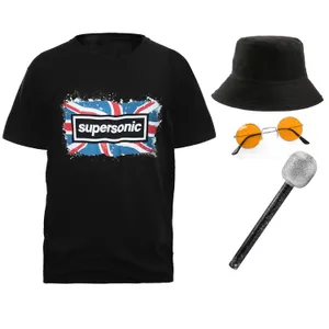 Adults Britpop Cosplay Costume - Super Sonic Tee, Glasses, Bucket Hat & Mic