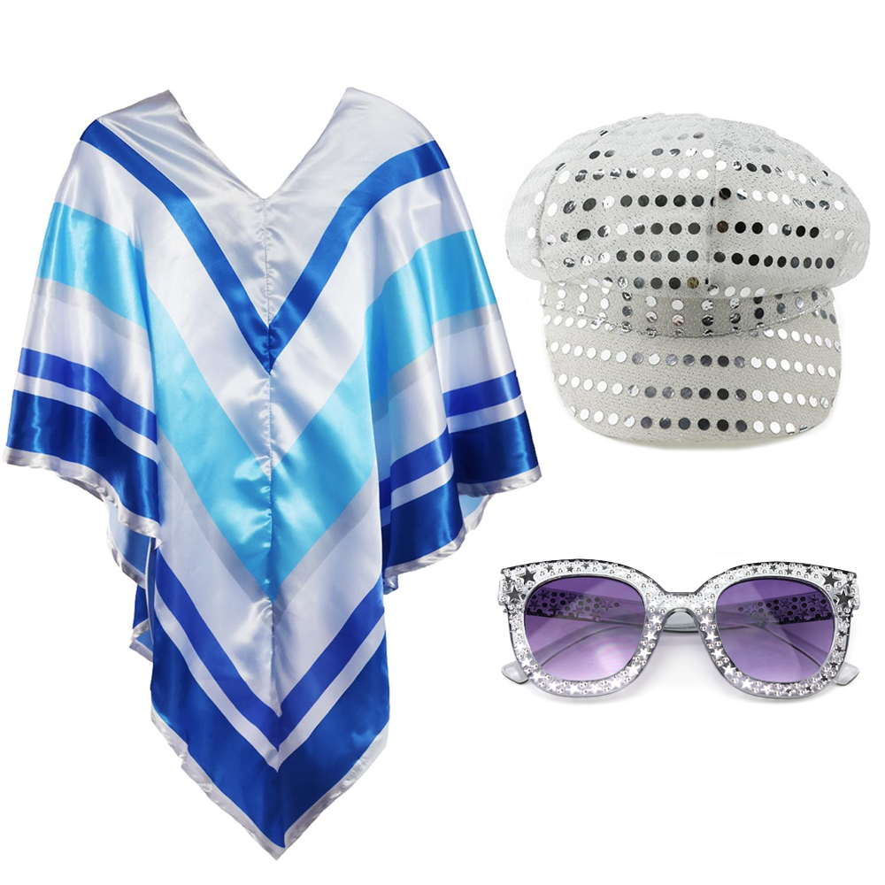 Adults 70's Poncho Costume | 3 Pcs | Poncho, Silver Sequin Hat & Glasses
